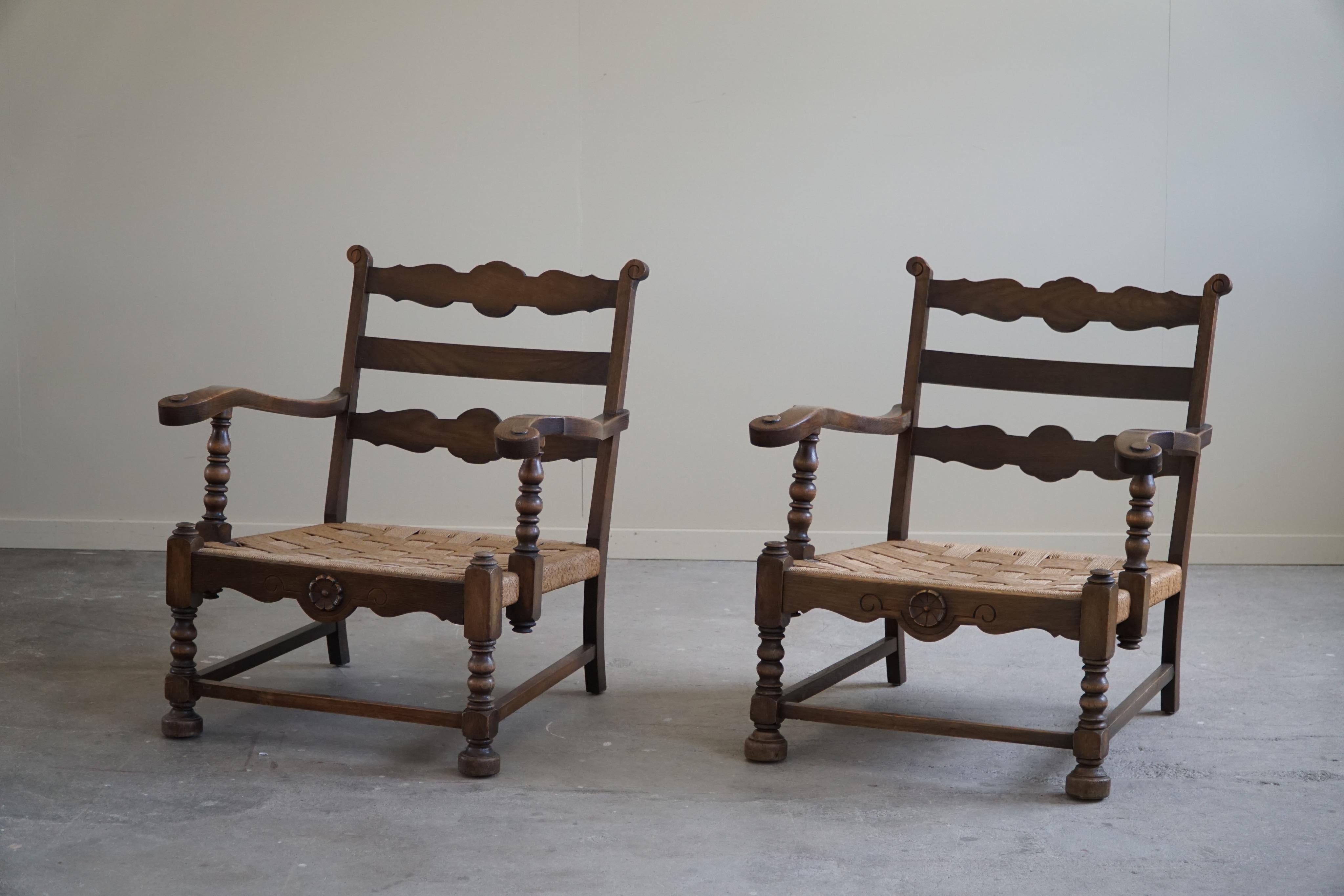 Paire de fauteuils danois modernes et sculpturaux vintage en chêne et cordon de papier, années 1940 en vente 8