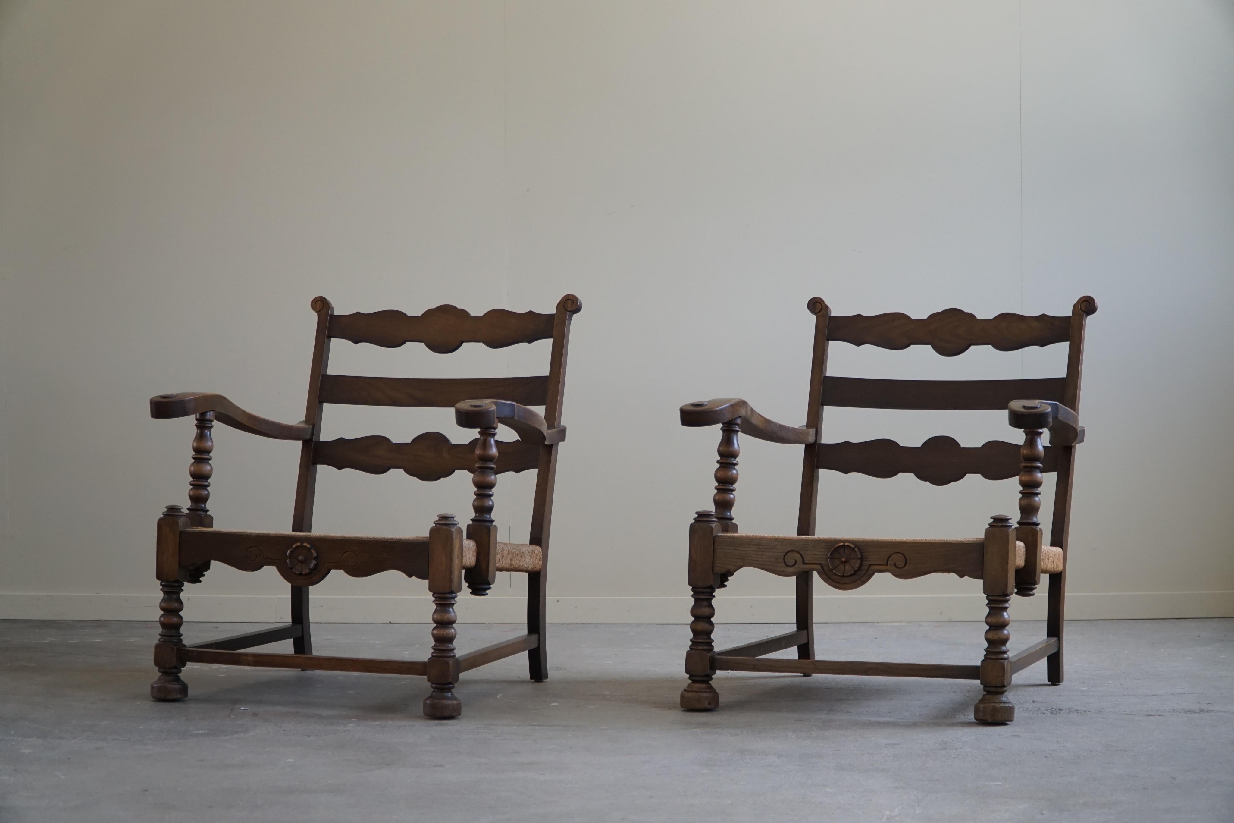A Pair of Danish Modern, Sculptural Vintage Armchair in Oak and Papercord, 1940s For Sale 10