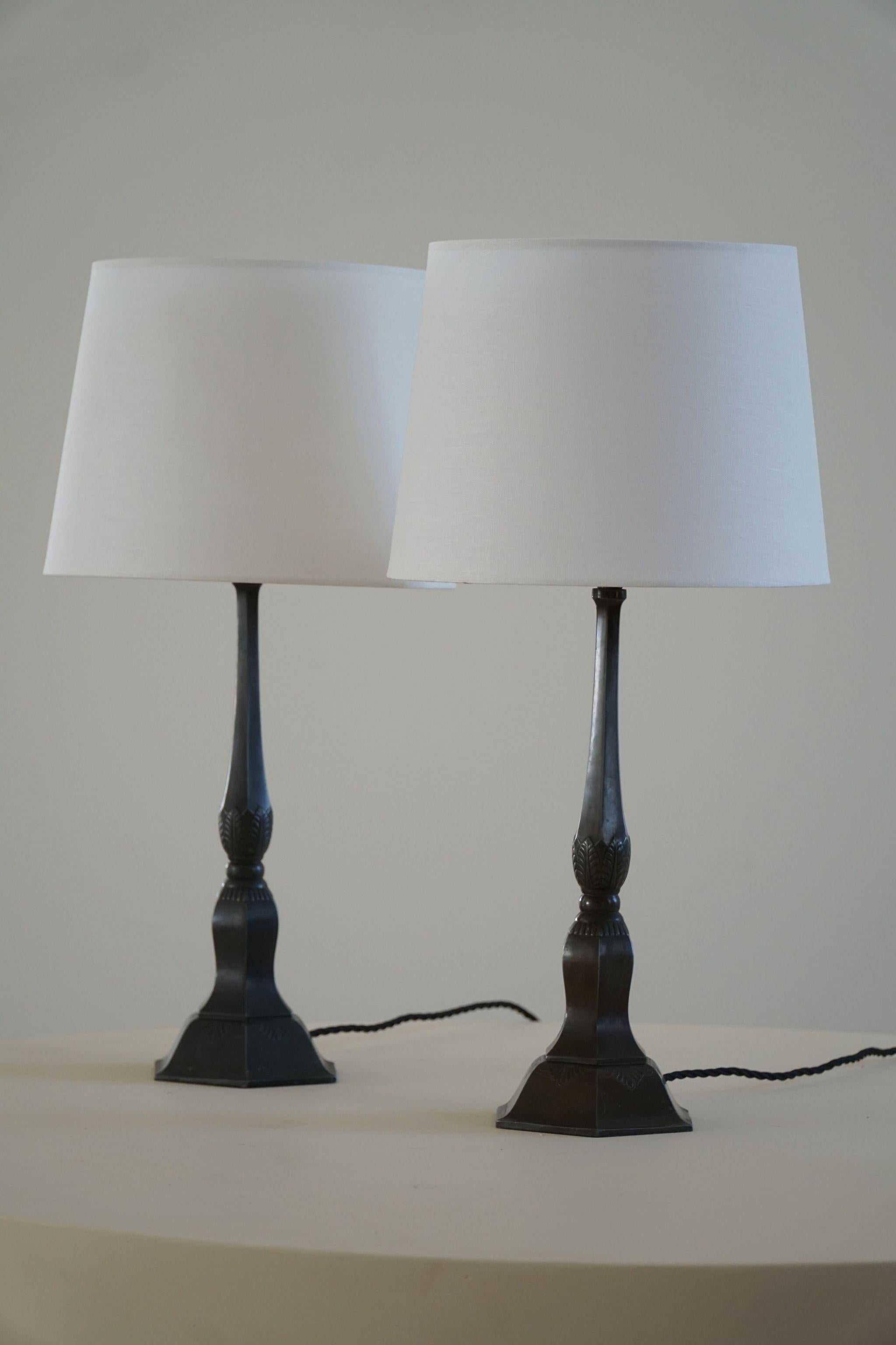 A Pair of Danish Modern Table Lamps from Just Andersen in Diskometal, 1920s 4