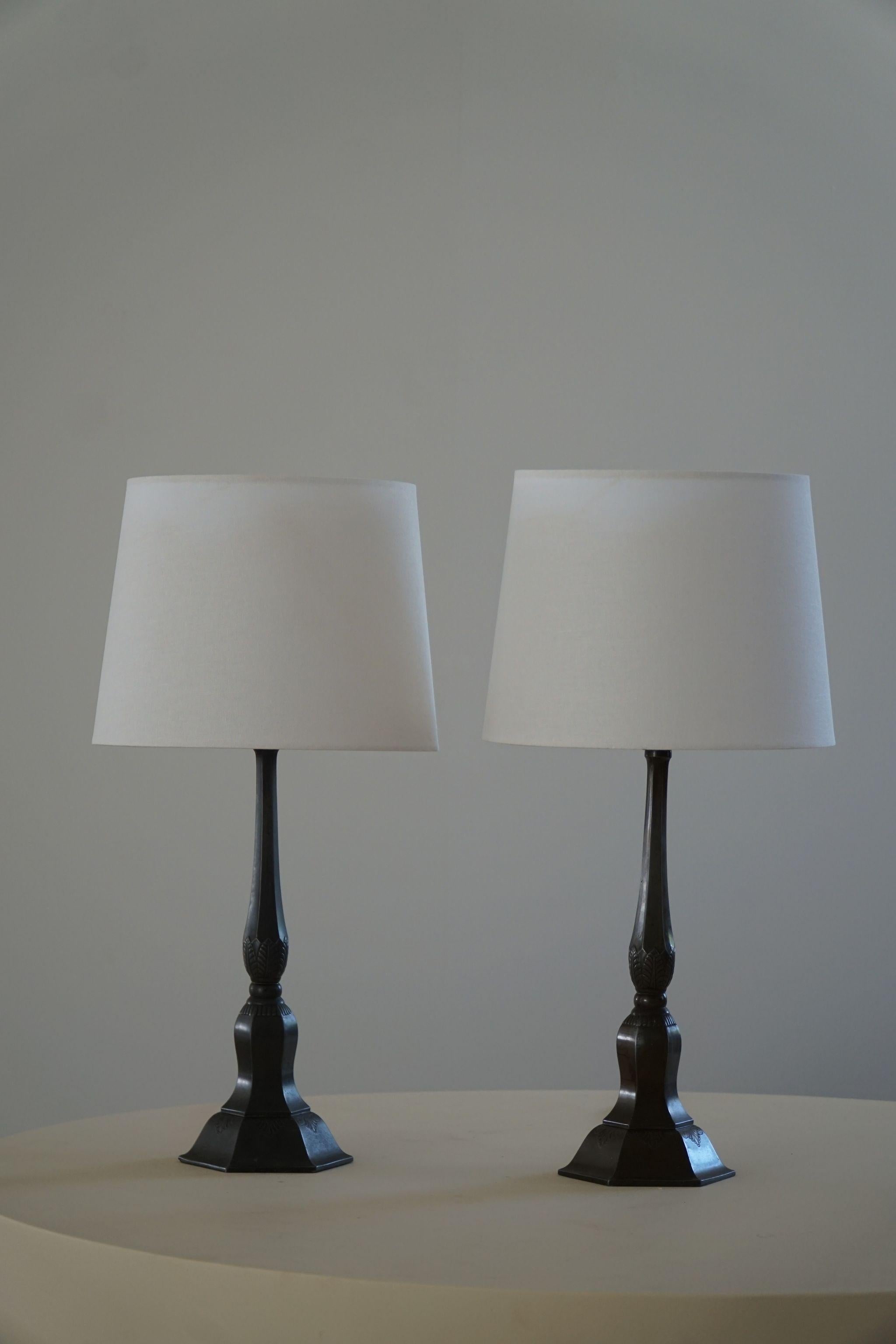 Metal A Pair of Danish Modern Table Lamps from Just Andersen in Diskometal, 1920s