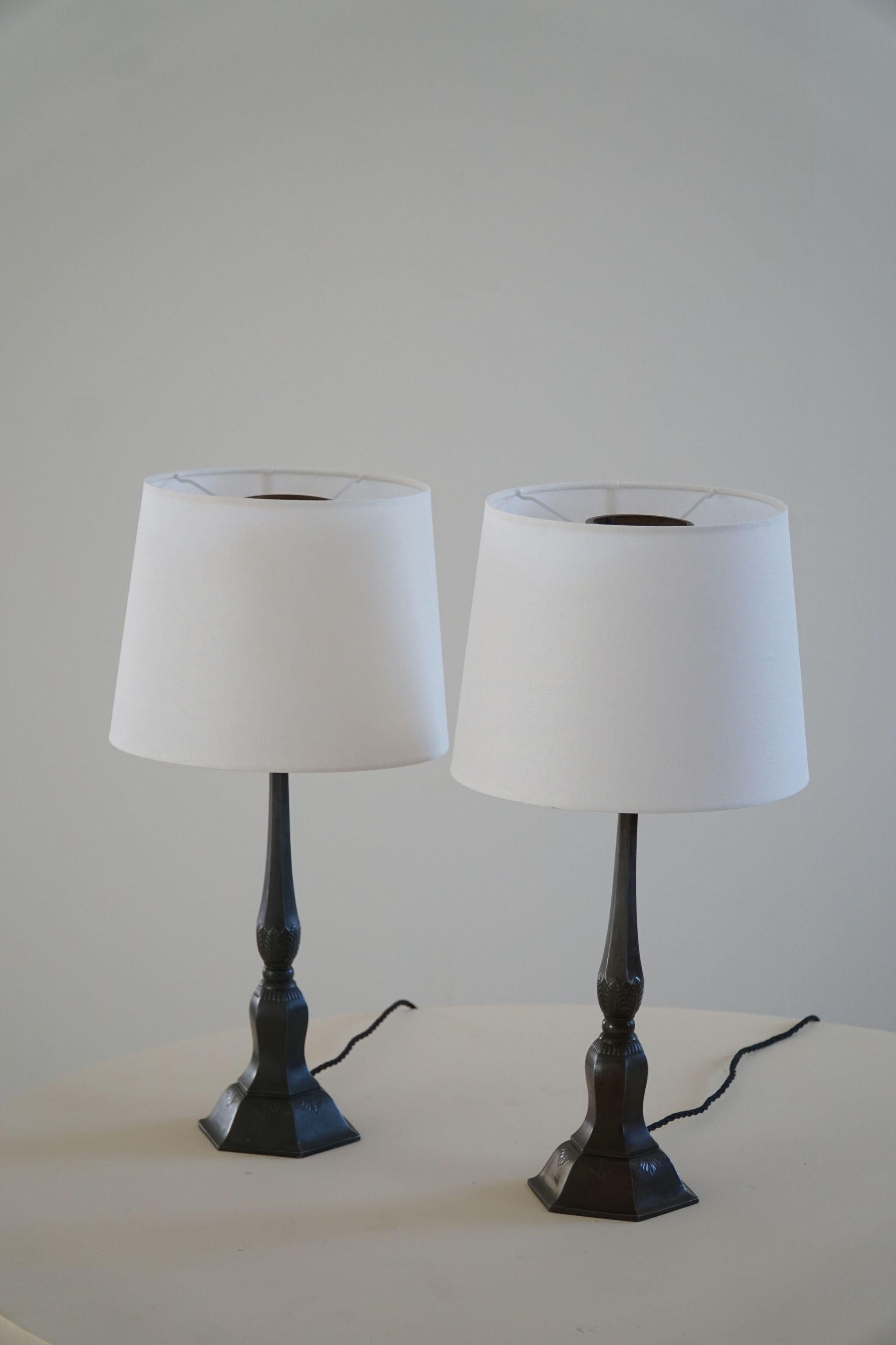 A Pair of Danish Modern Table Lamps from Just Andersen in Diskometal, 1920s 3