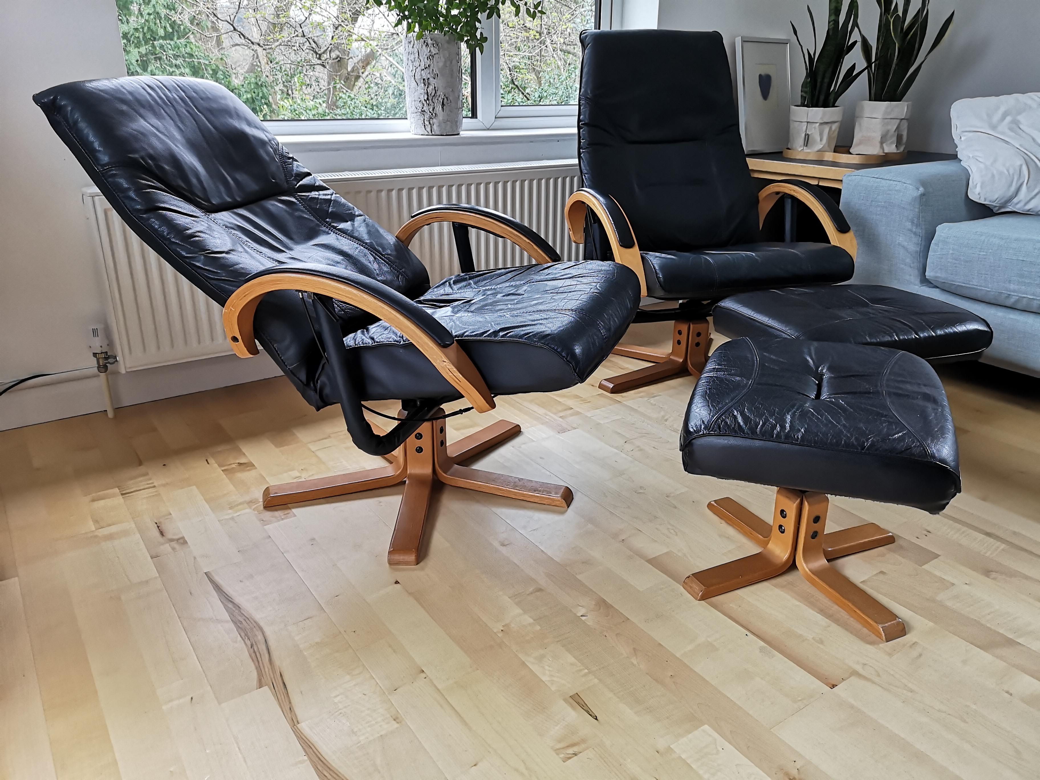 20th Century Pair of Danish Unico Midcentury Leather Armchairs with Ottomans, 1970s