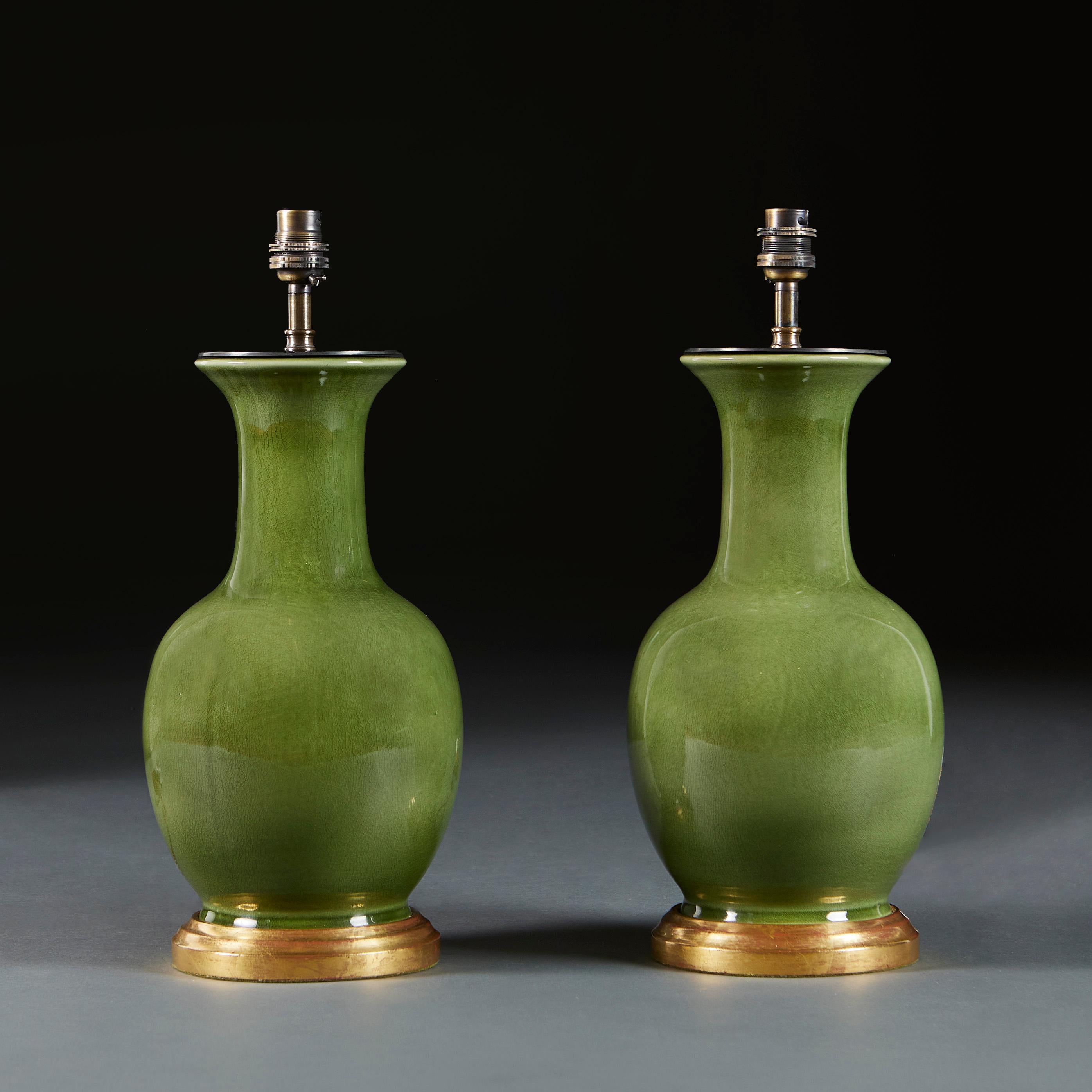 Chinese Pair of Dark Celadon Glaze Lamps
