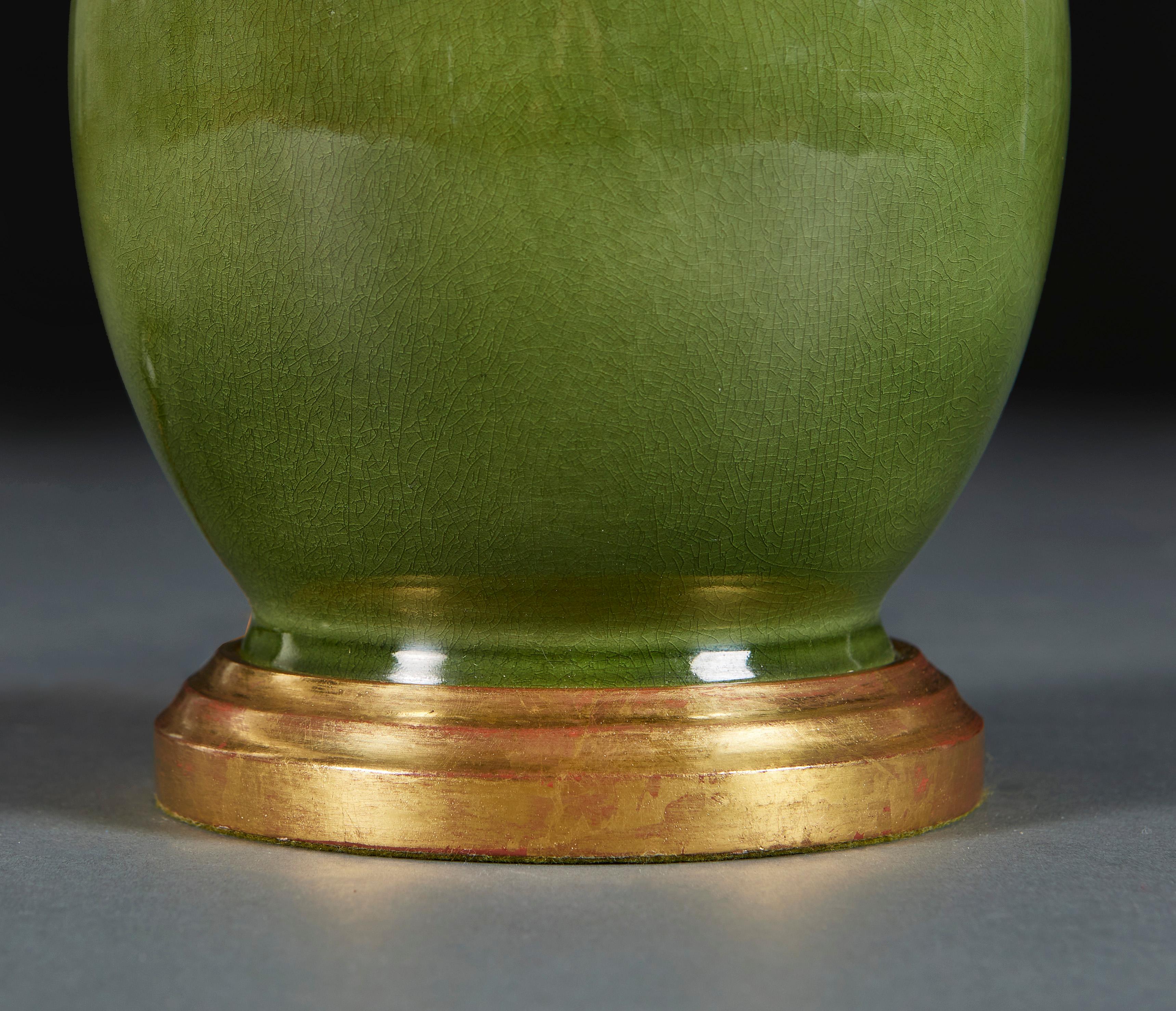 20th Century Pair of Dark Celadon Glaze Lamps