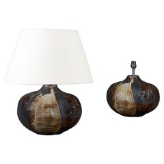A Pair of Dark Crackle Drip Glazed Bulbous Pottery Lamps