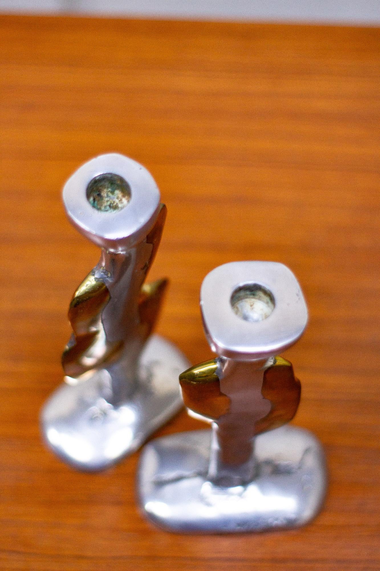 Aluminum Pair of David Marshall, Brutalist Candlesticks in Aluminium and Cast Brass