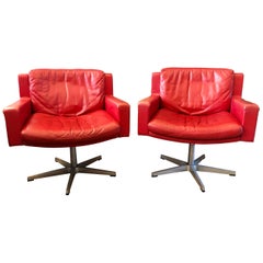 Pair of De Sede RH201 Red Leather Swivel Armchairs