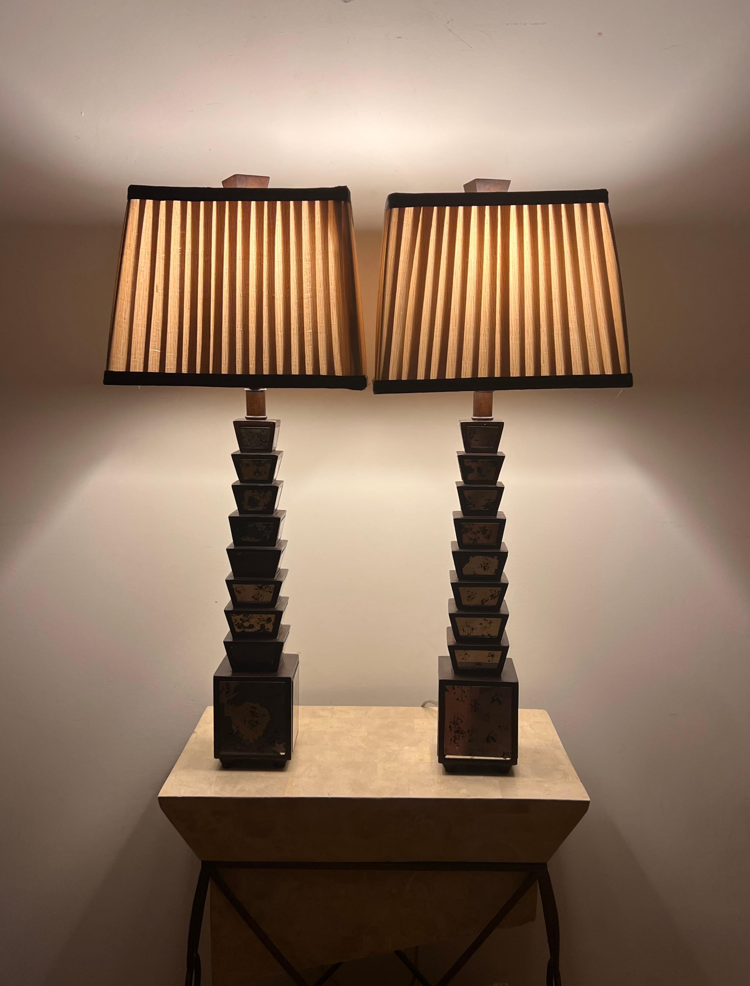 Pair of Deco Stacked Wood and Mirror Table Lamps, Early 20th Century 5