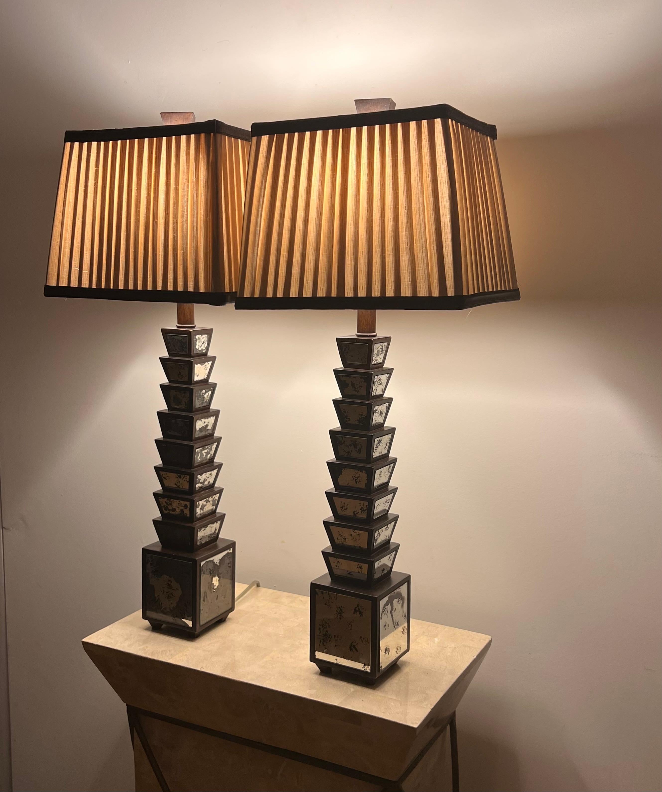 Pair of Deco Stacked Wood and Mirror Table Lamps, Early 20th Century 6