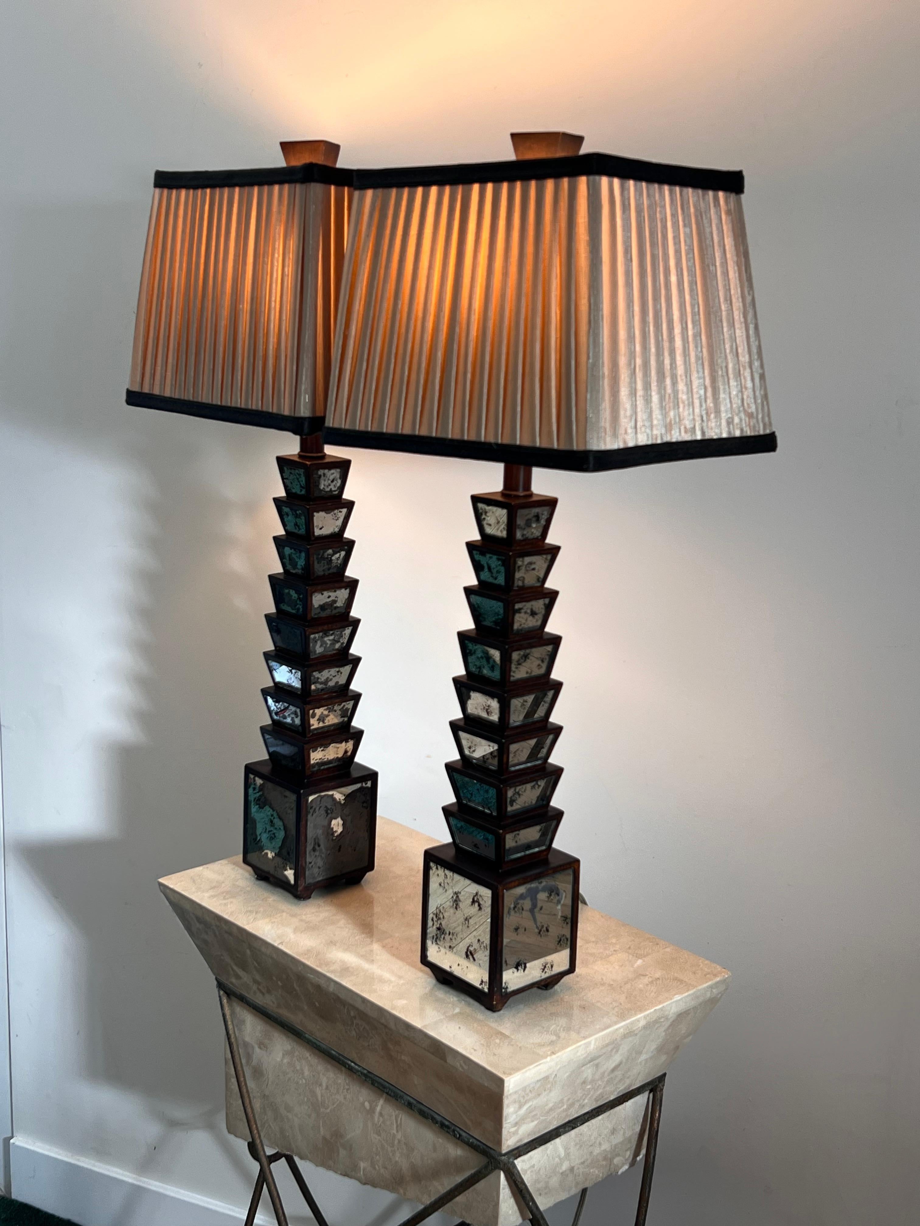 Pair of Deco Stacked Wood and Mirror Table Lamps, Early 20th Century 7