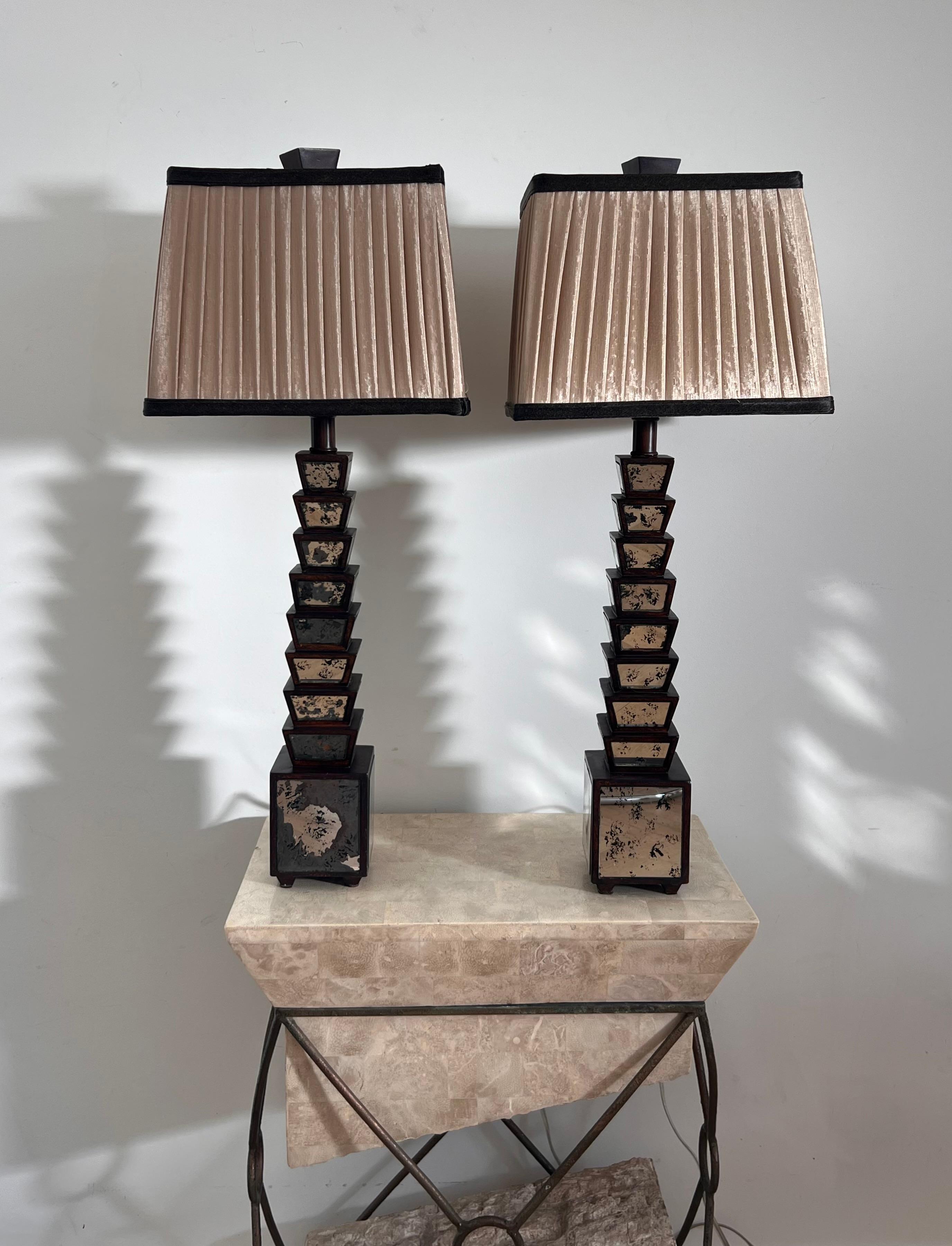 Pair of Deco Stacked Wood and Mirror Table Lamps, Early 20th Century 8