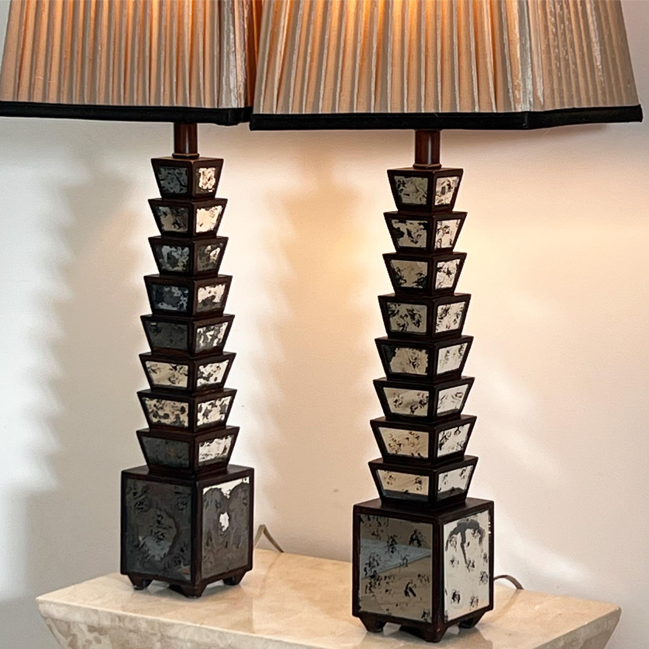 Pair of Deco Stacked Wood and Mirror Table Lamps, Early 20th Century 11