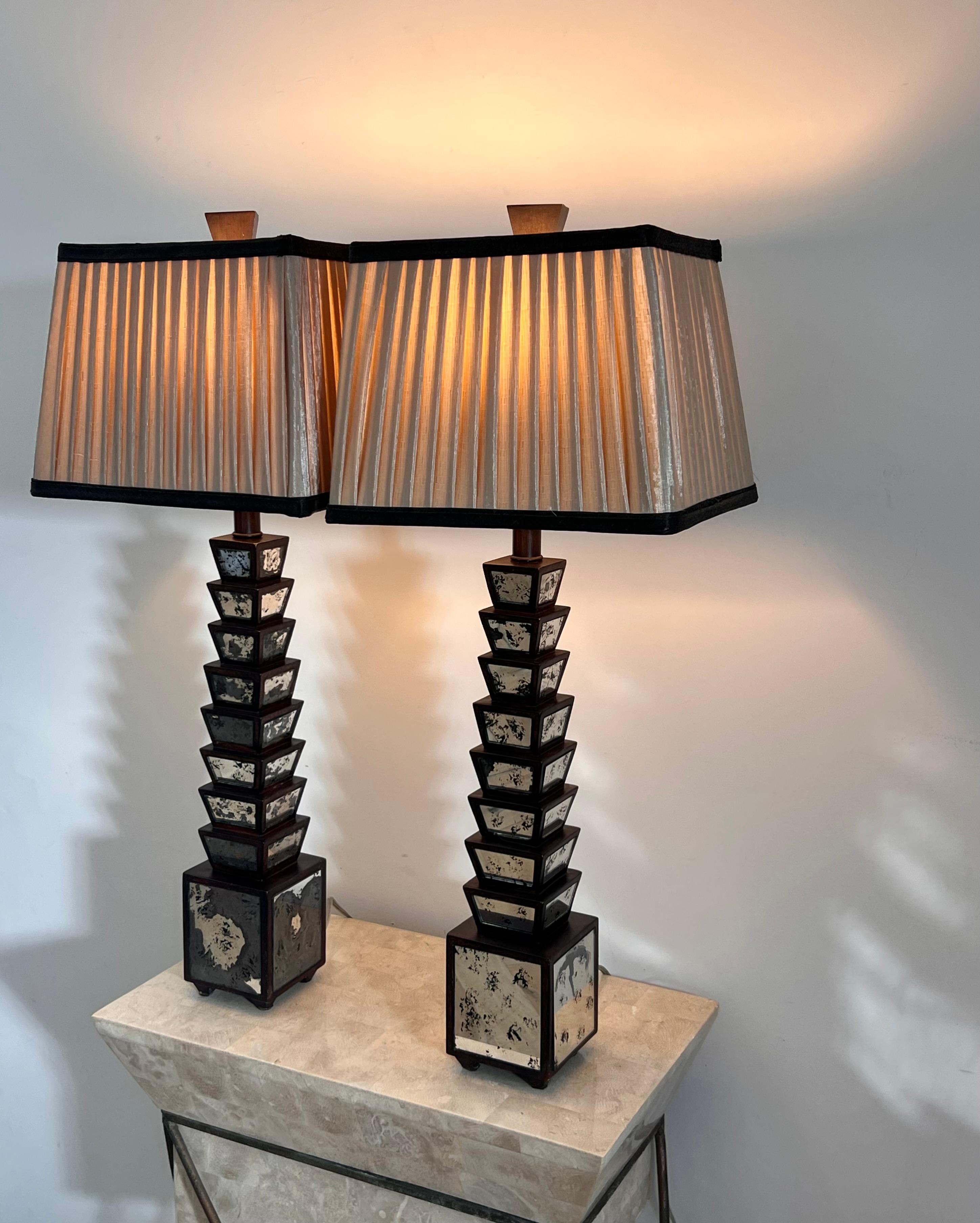 Pair of Deco Stacked Wood and Mirror Table Lamps, Early 20th Century 12