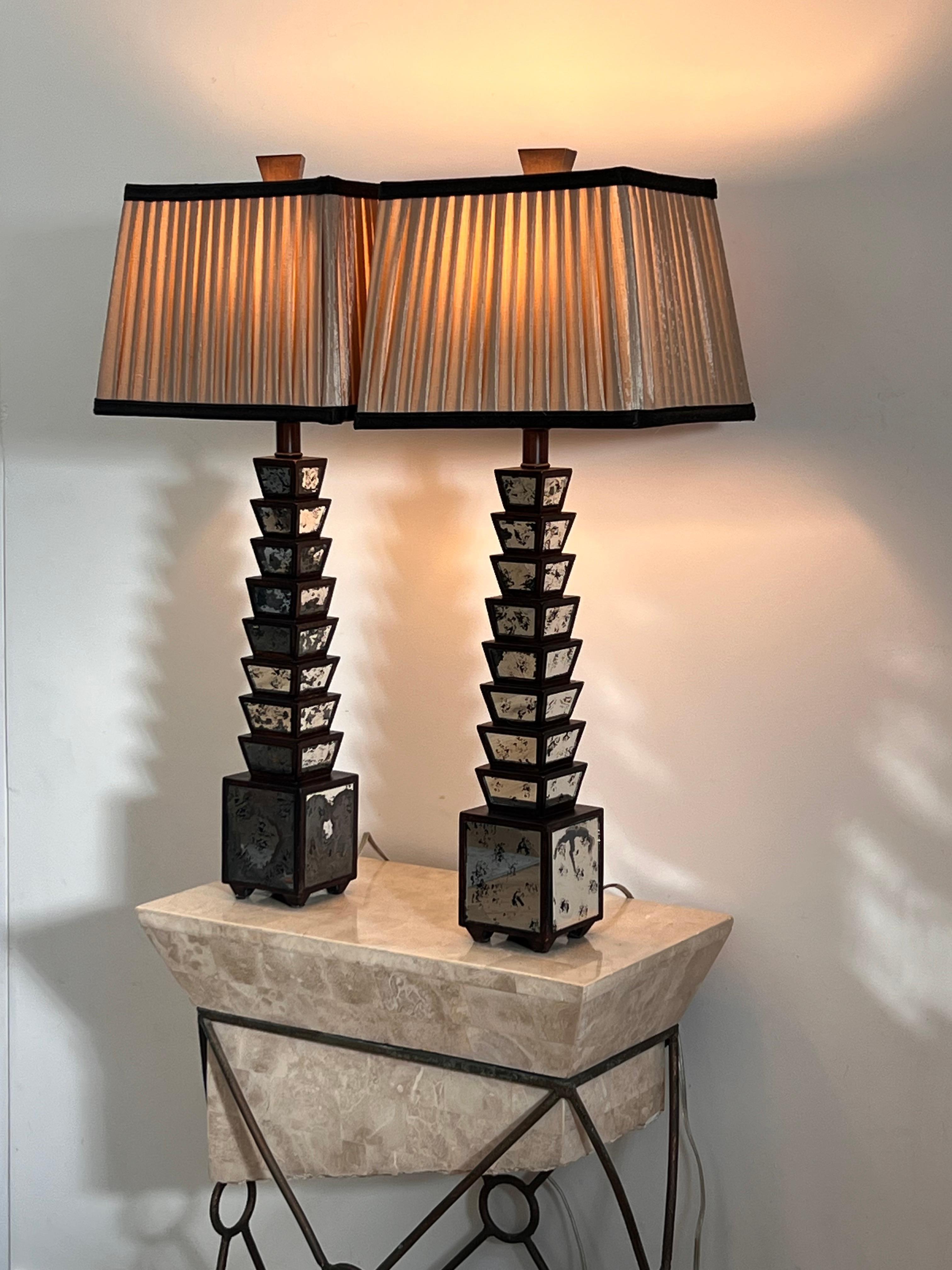 Pair of Deco Stacked Wood and Mirror Table Lamps, Early 20th Century 14