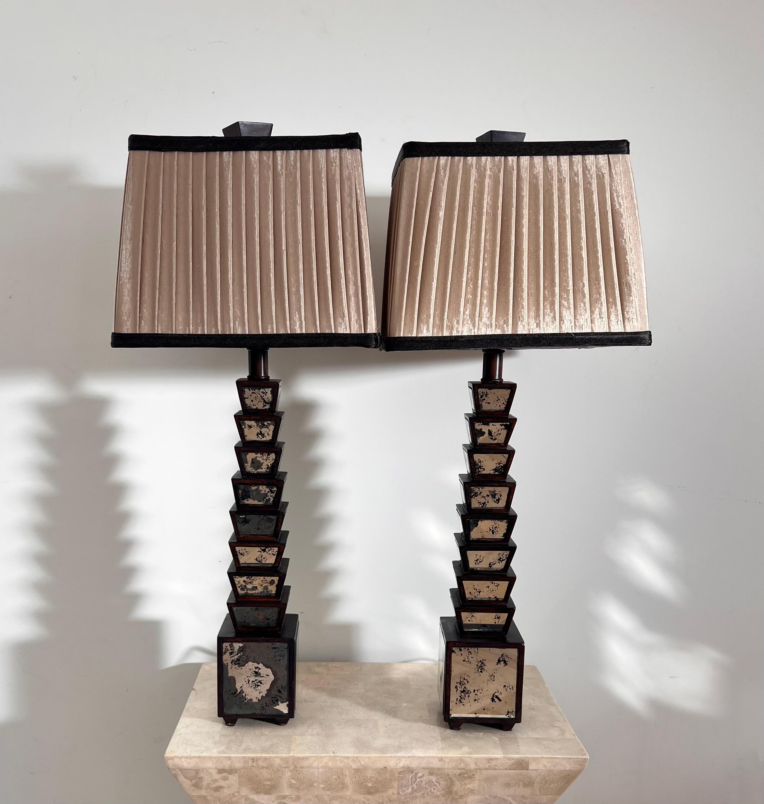 Art Deco Pair of Deco Stacked Wood and Mirror Table Lamps, Early 20th Century