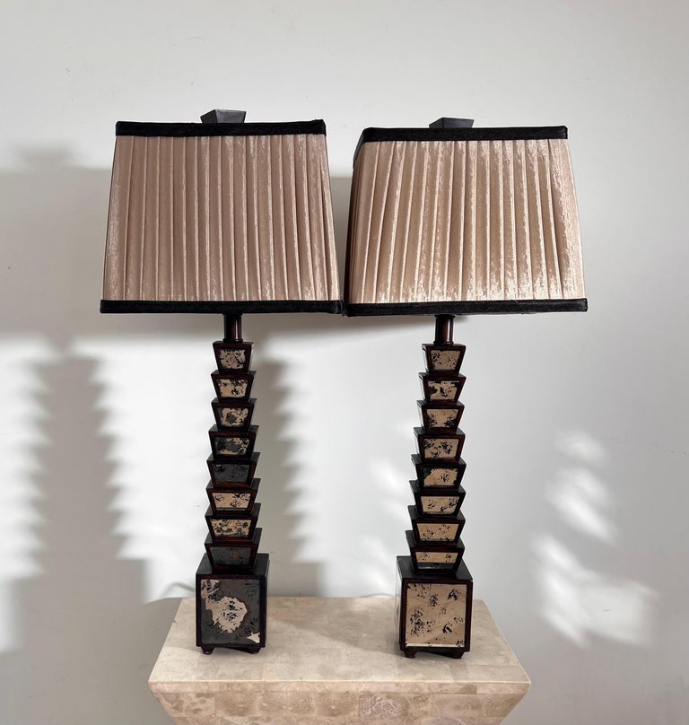 Pair of Deco Stacked Wood and Mirror Table Lamps, Early 20th Century