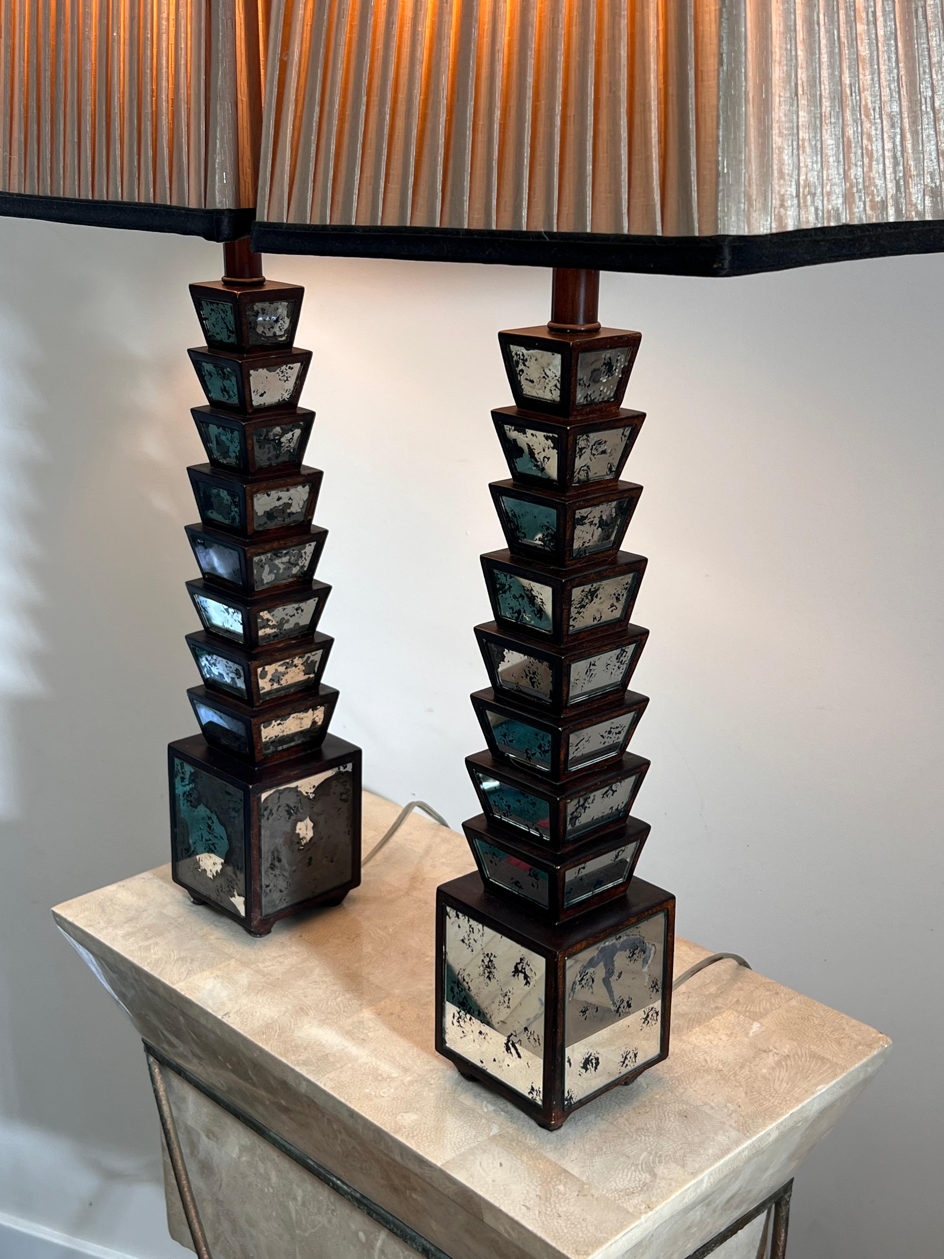 Silk Pair of Deco Stacked Wood and Mirror Table Lamps, Early 20th Century