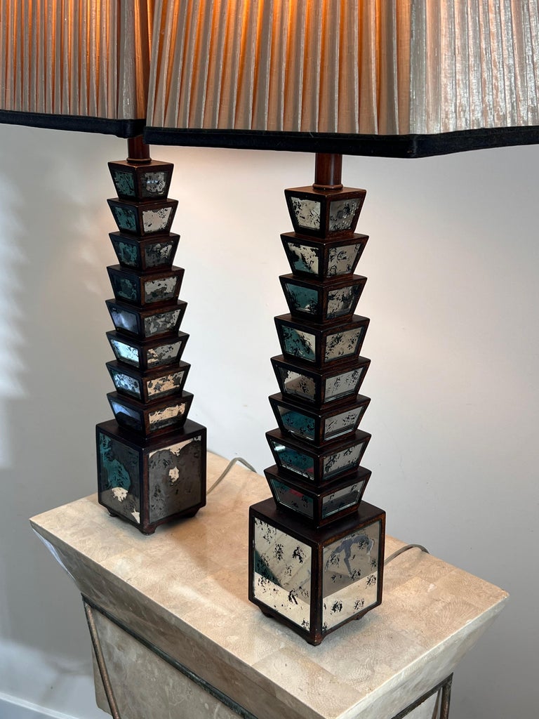 Pair of Deco Stacked Wood and Mirror Table Lamps, Early 20th Century