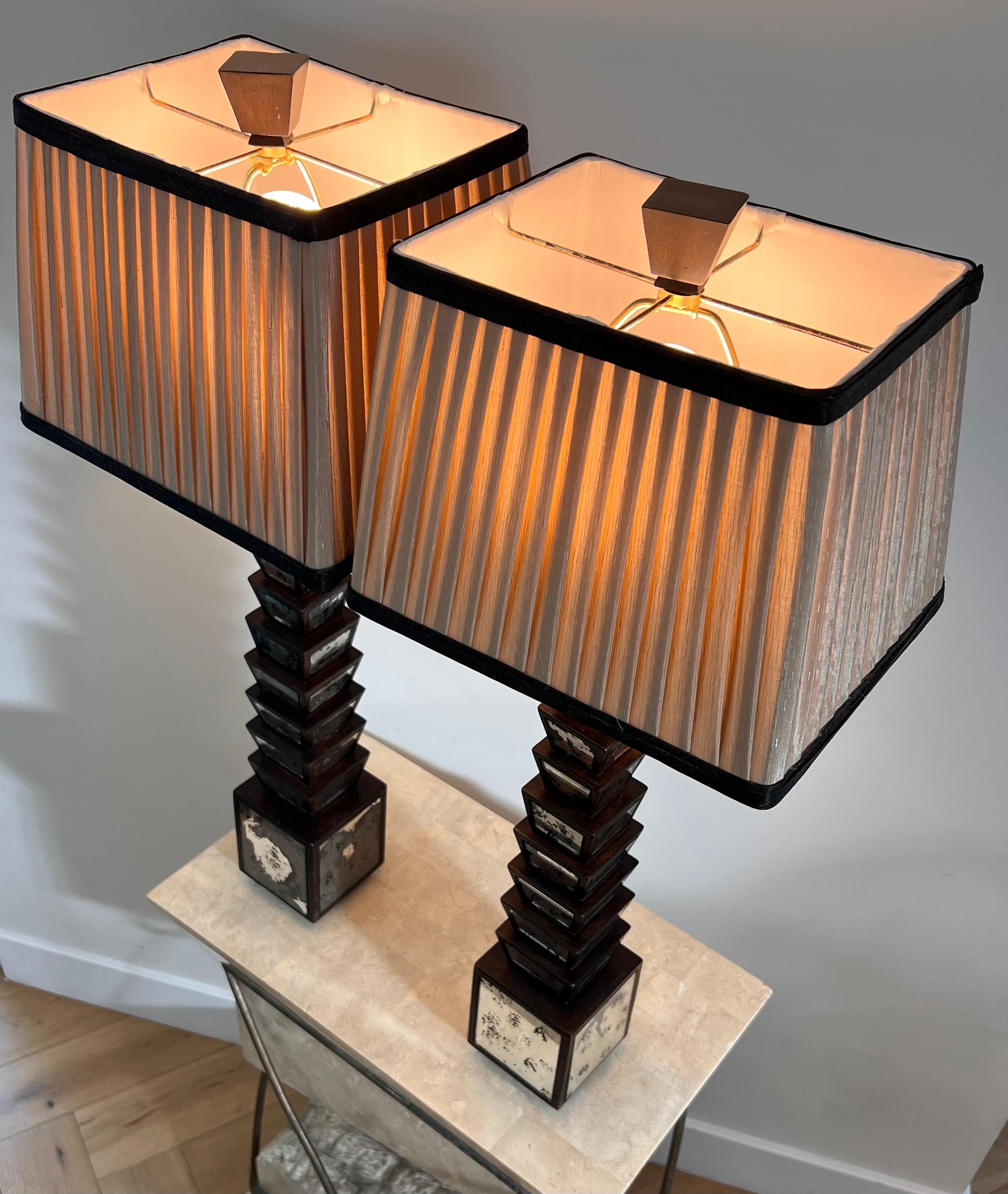 Pair of Deco Stacked Wood and Mirror Table Lamps, Early 20th Century 2