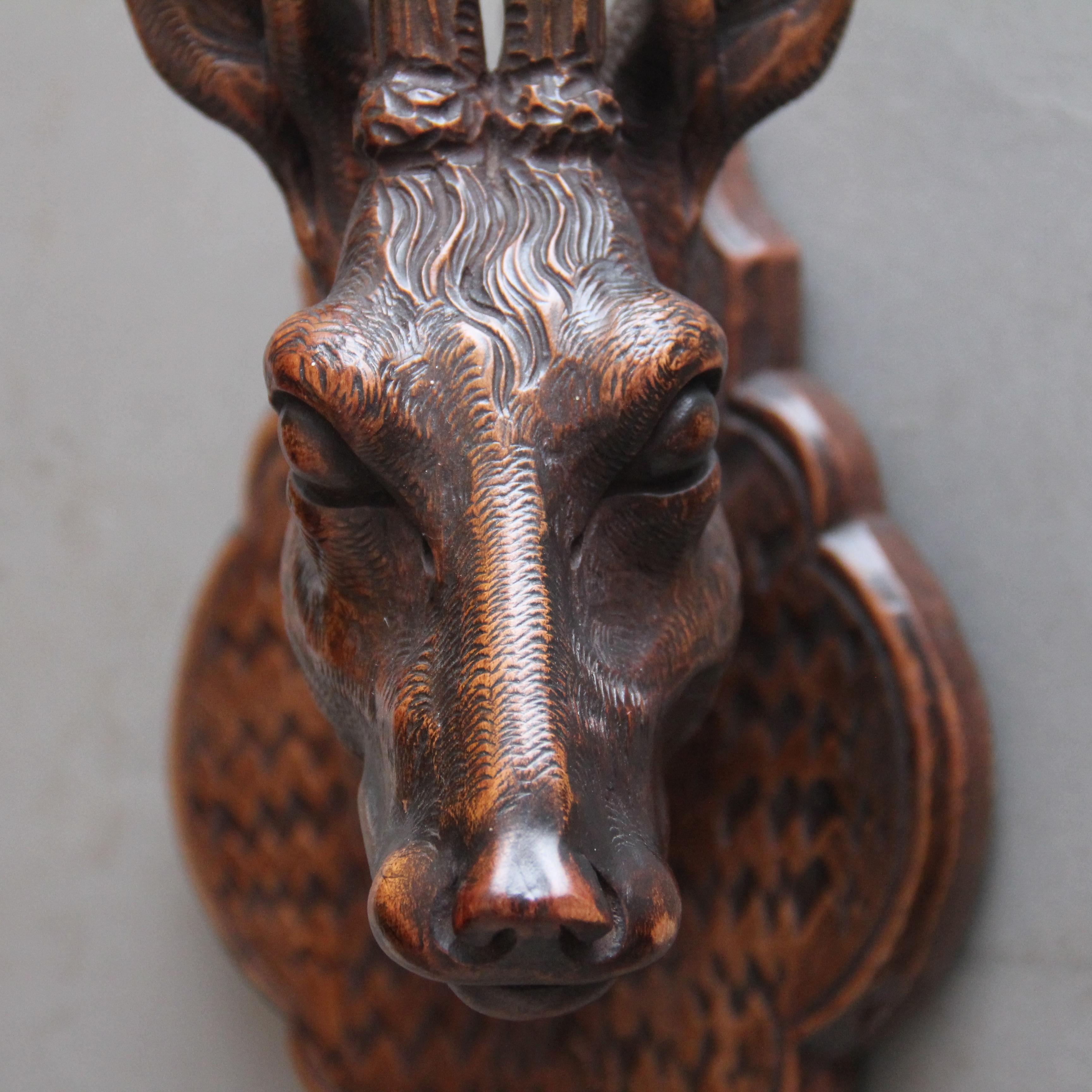 Swiss A pair of decorative 19th Century carved walnut black forest deer heads