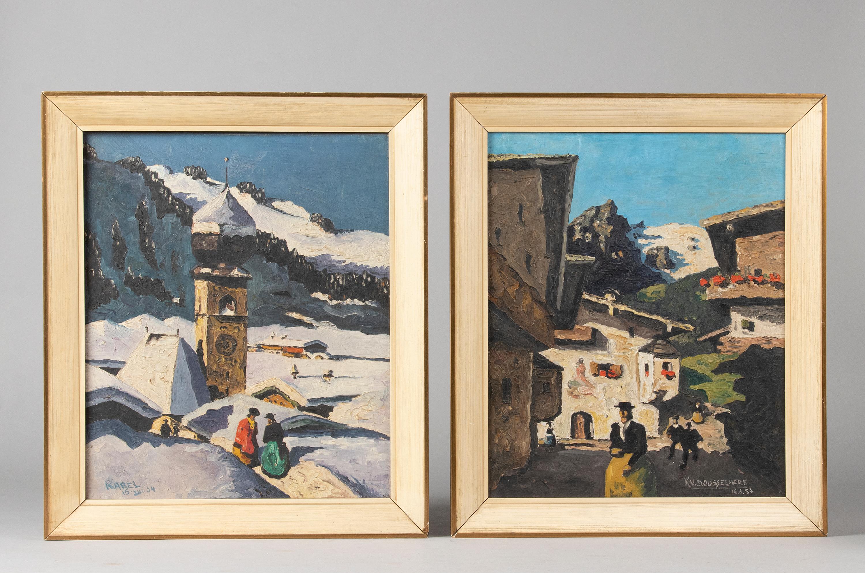 Nice couple of paintings depicting the alpine area. These paintings date from the mid-20th century, 1957. The naïve style really comes into its own here, with the bright colors contrasting nicely with the white snow.
One of the two paintings is