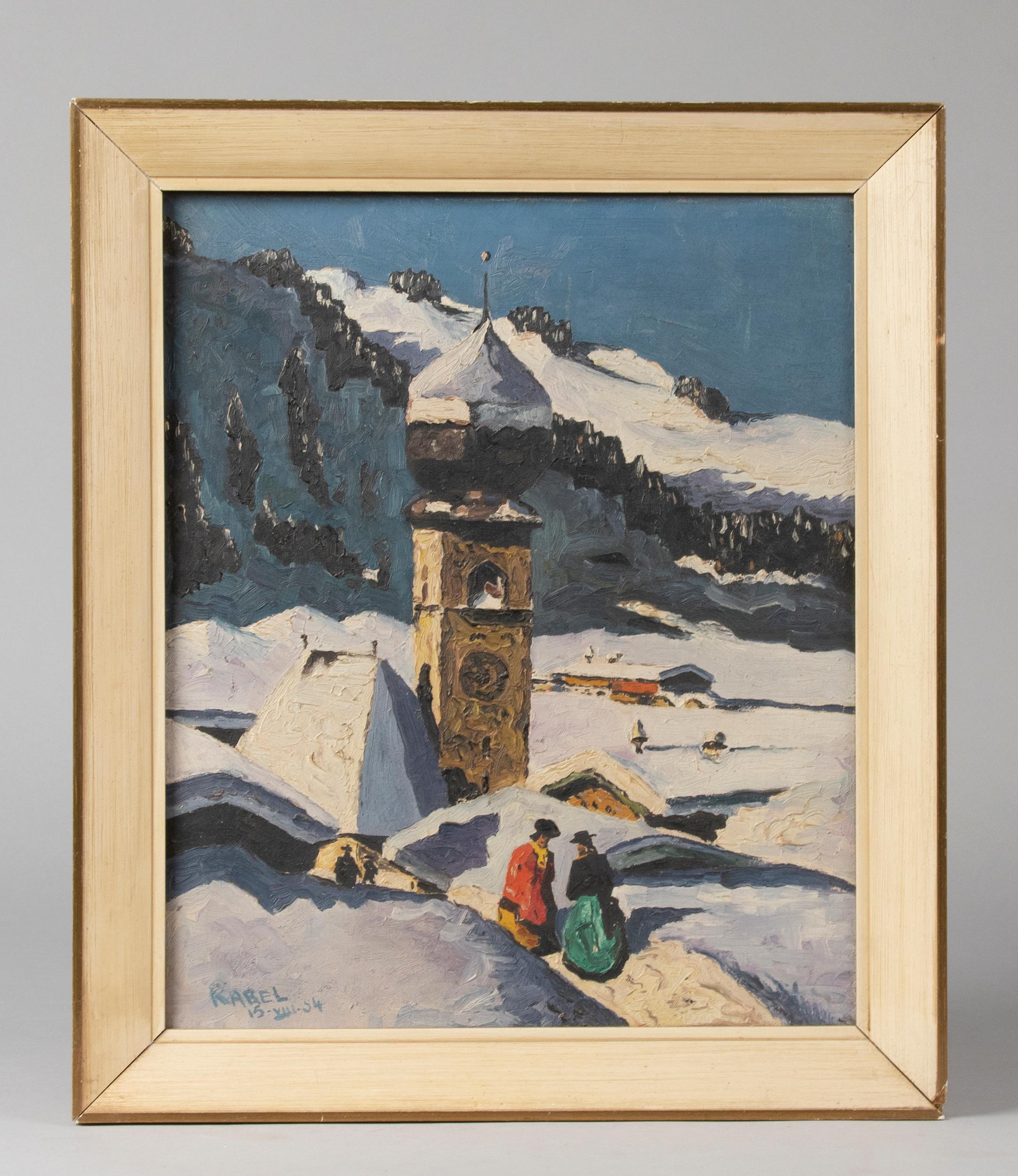 Mid-Century Modern Pair of Decorative Alpine Scene Paintings by K. van Dousselaere, Naive Style