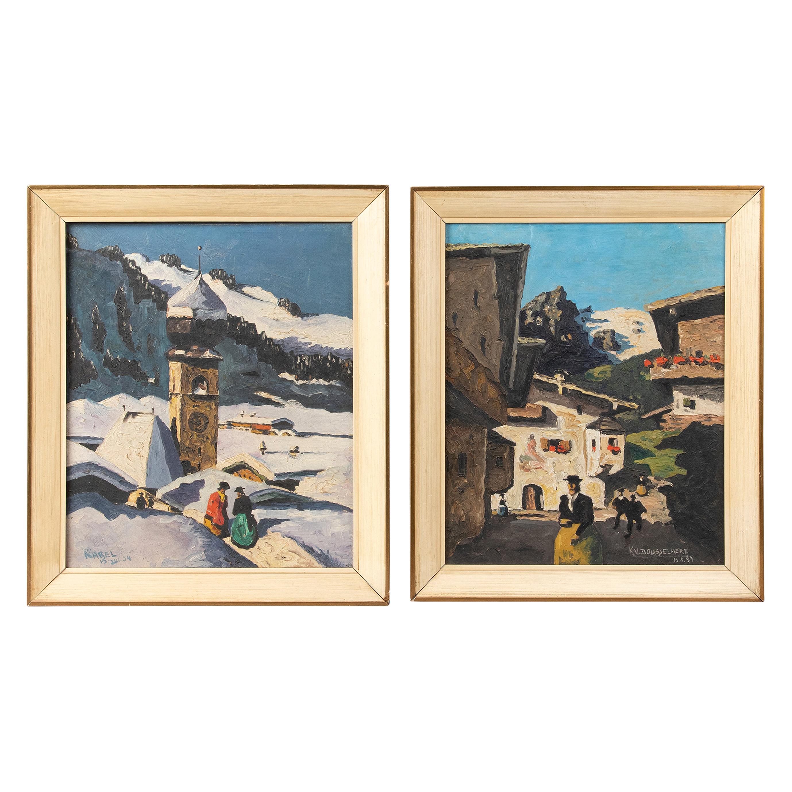 Pair of Decorative Alpine Scene Paintings by K. van Dousselaere, Naive Style