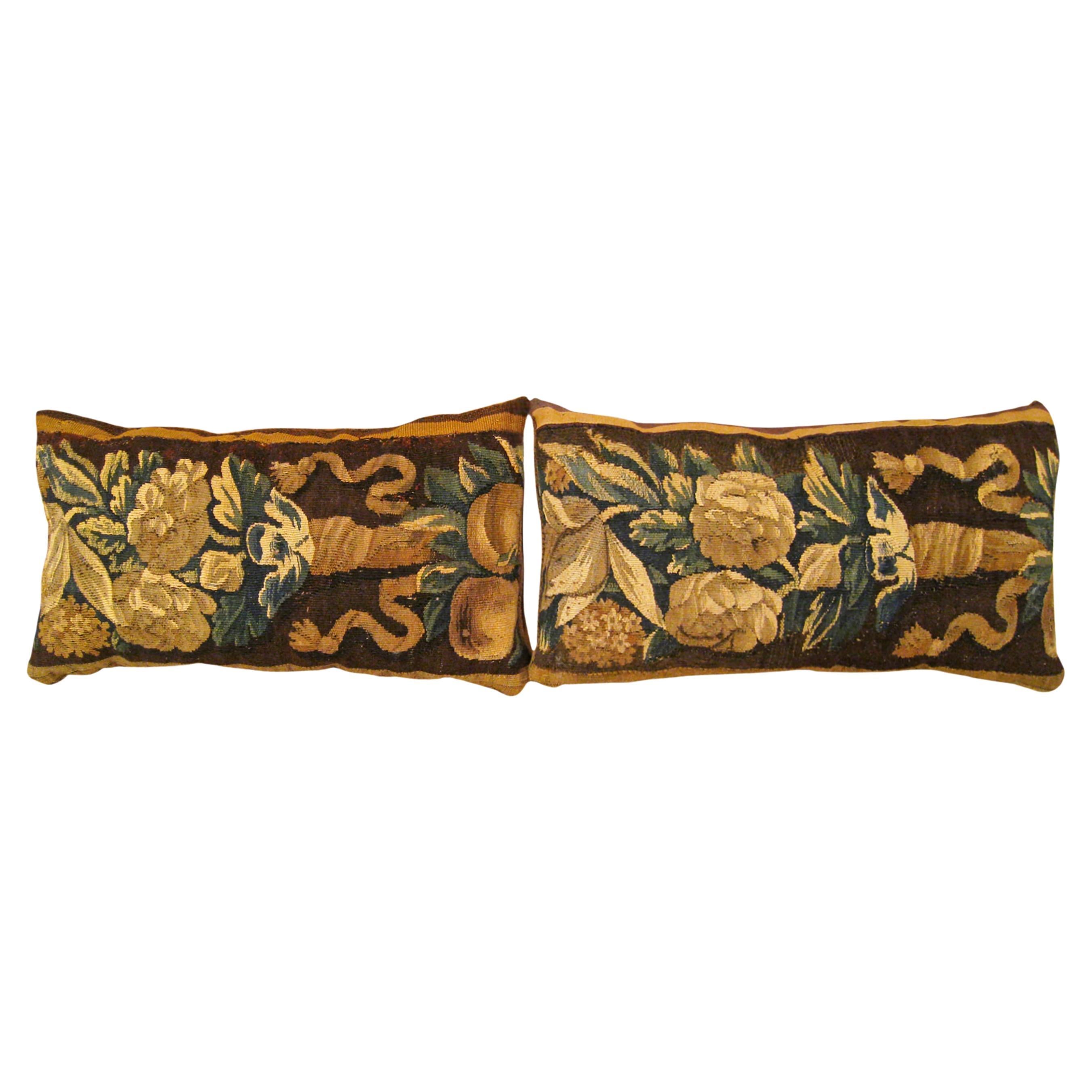 Pair of Decorative Antique 18th Century Tapestry Pillows with Floral Elements