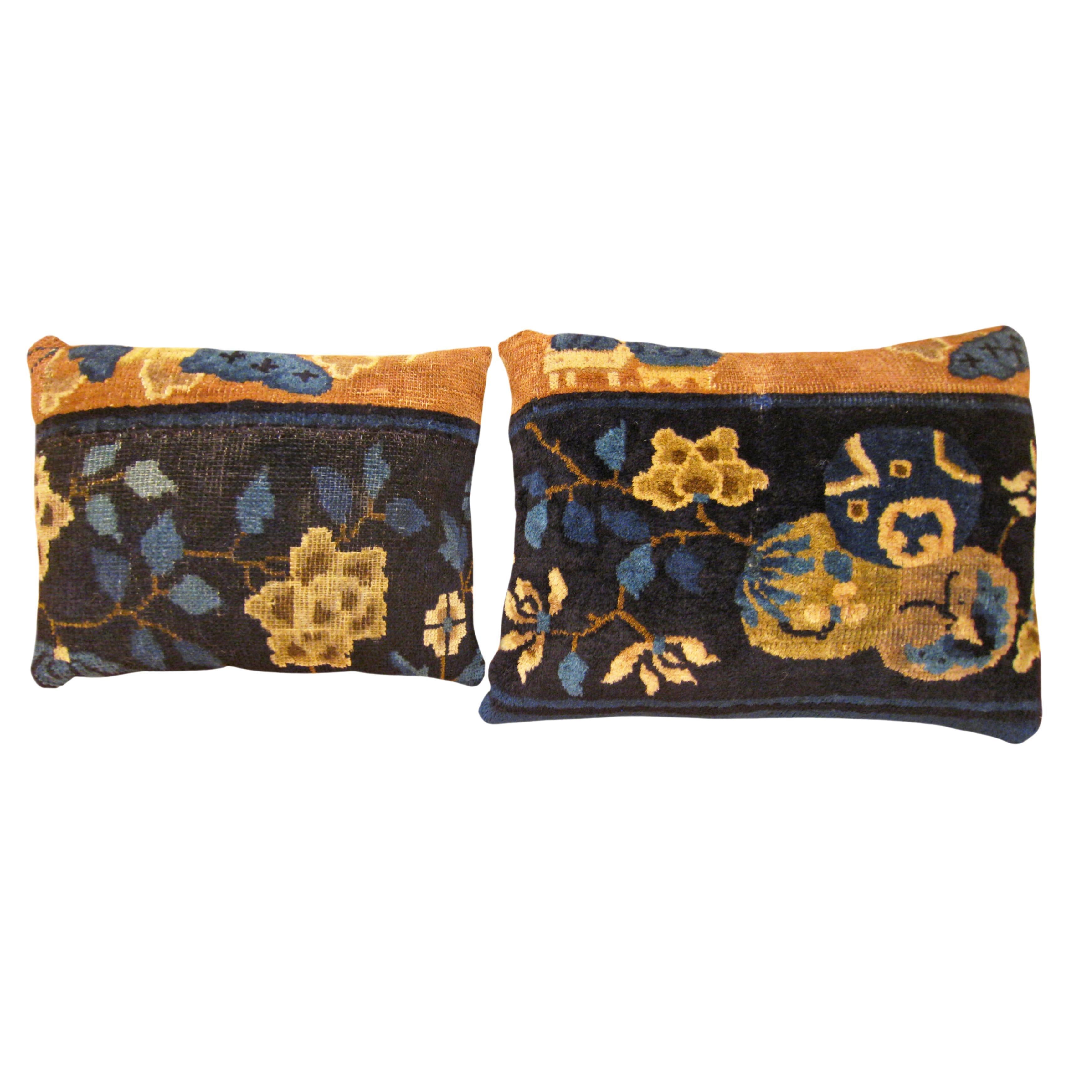 Pair of Decorative Antique Persian Hamadan Rug Pillows with Floral Elements For Sale at 1stDibs