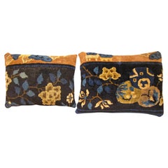 Pair of Decorative Antique Chinese Rug Pillows with Floral Elements