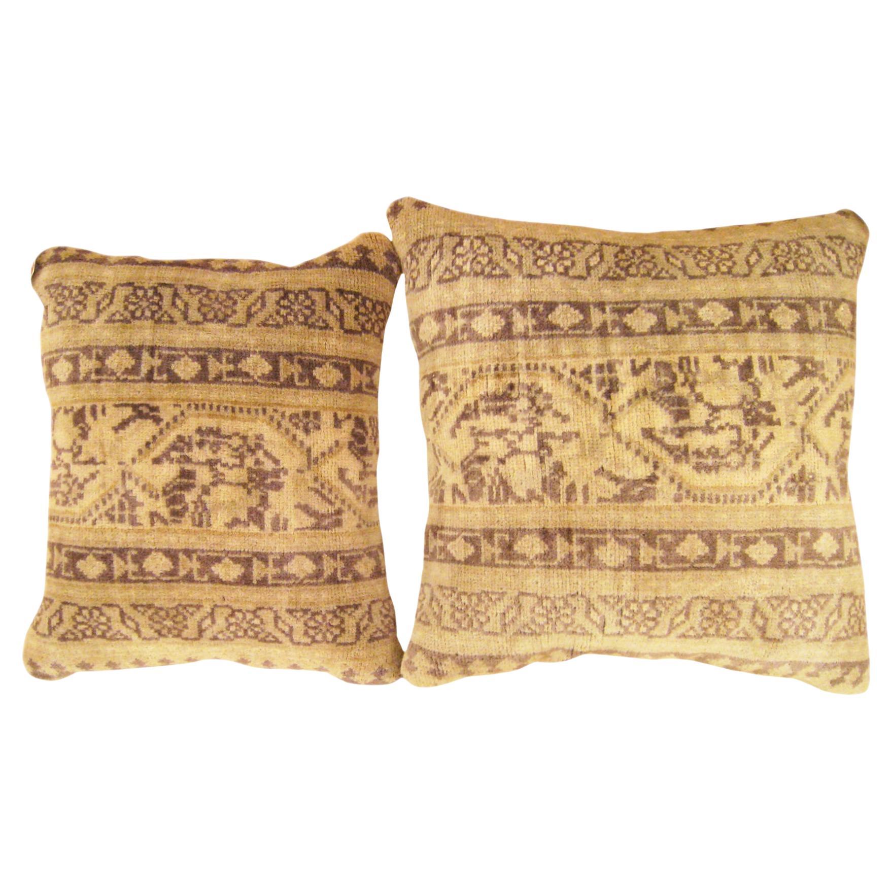 Pair of Decorative Antique Indian Agra Carpet Pillows with Geometric  For Sale