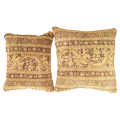 Pair of Decorative Antique Indian Agra Carpet Pillows with Geometric 