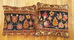 Pair of Decorative Antique Indian Agra Rug Pillows with Floral Elements