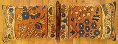 Pair of Decorative Antique Indian Agra Rug Pillows with Floral Elements