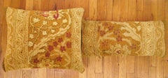 Pair of Decorative Antique Indian Agra Rug Pillows with Floral Elements