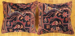 Pair of Decorative Antique Indian Agra Rug Pillows with Floral Elements