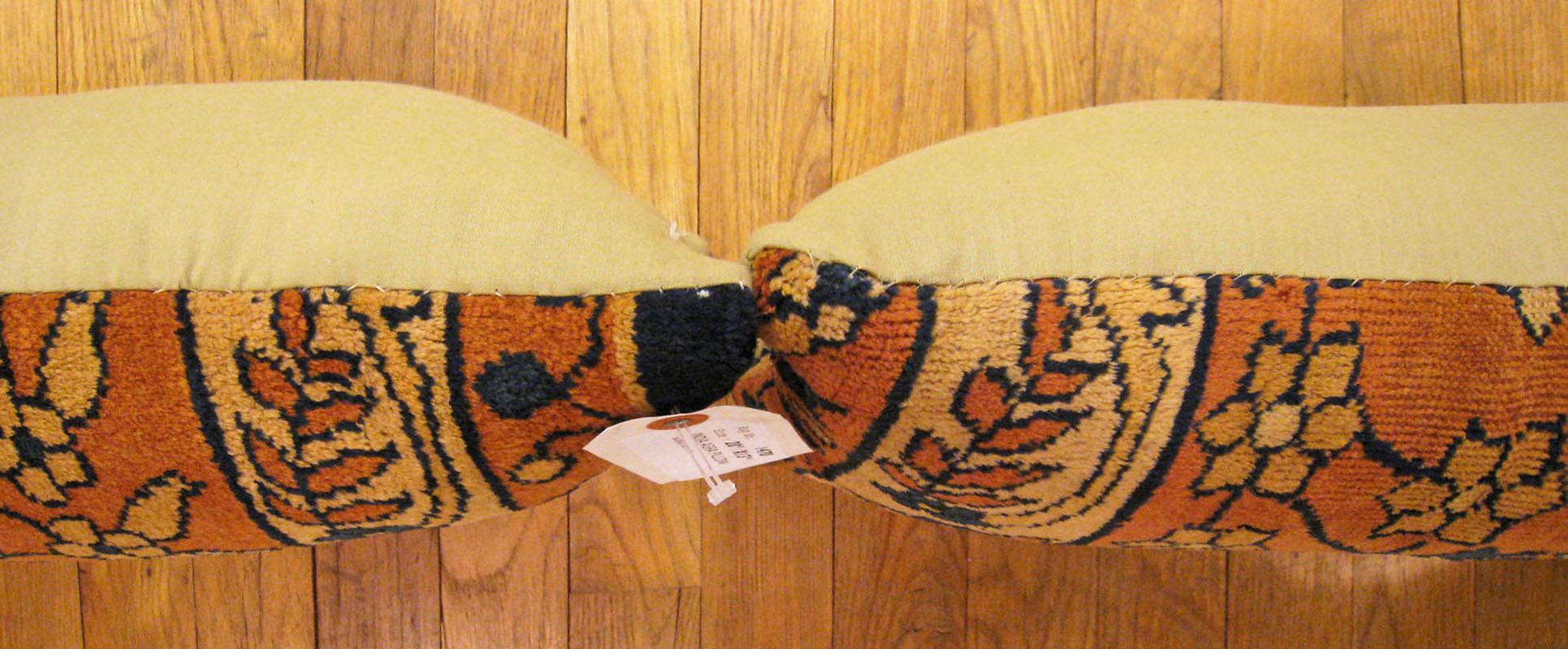 Pair of Decorative Antique Indian Agra Rug Pillows with Floral Elements In Good Condition For Sale In New York, NY