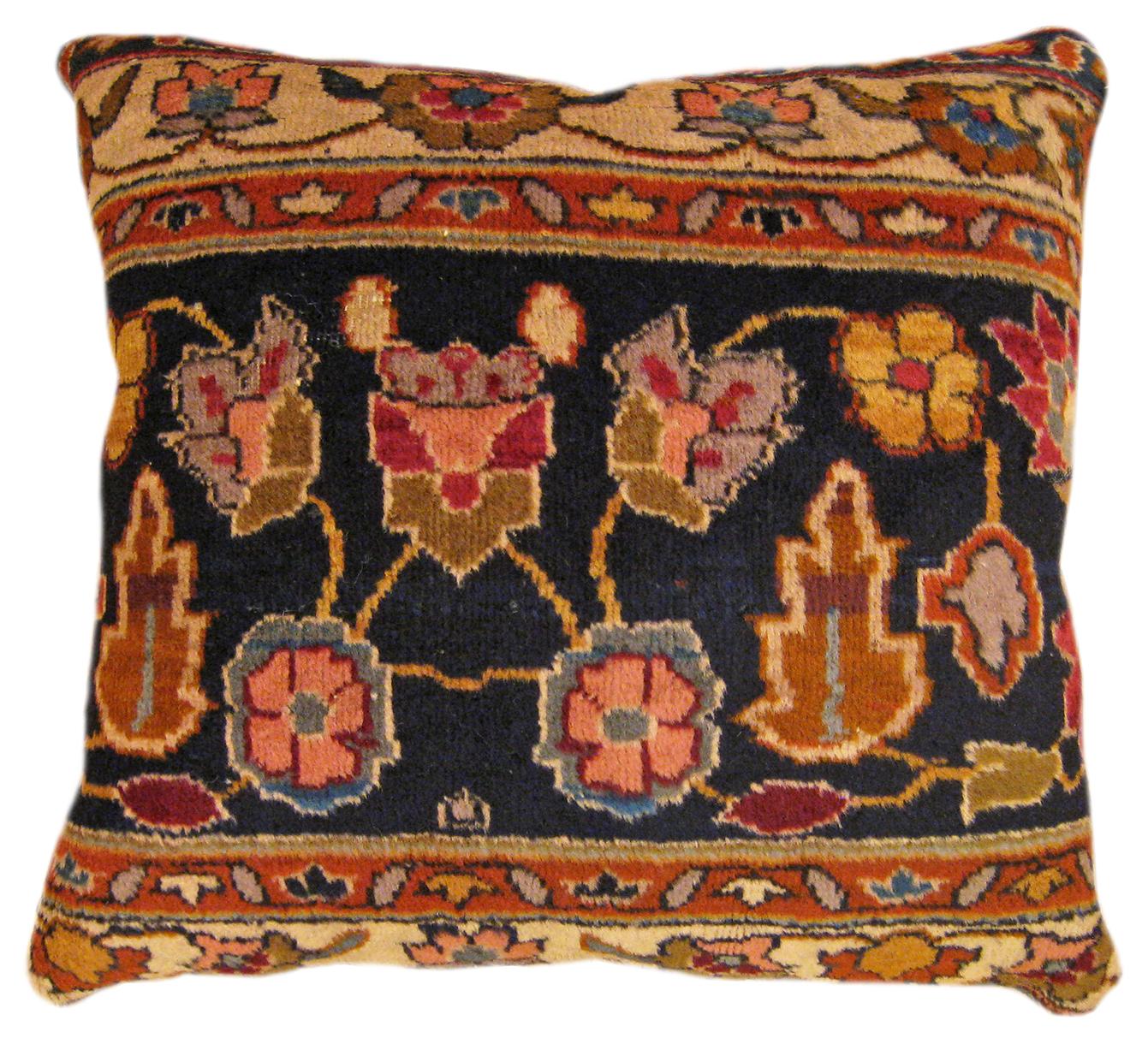 Wool Pair of Decorative Antique Indian Agra Rug Pillows with Floral Elements For Sale