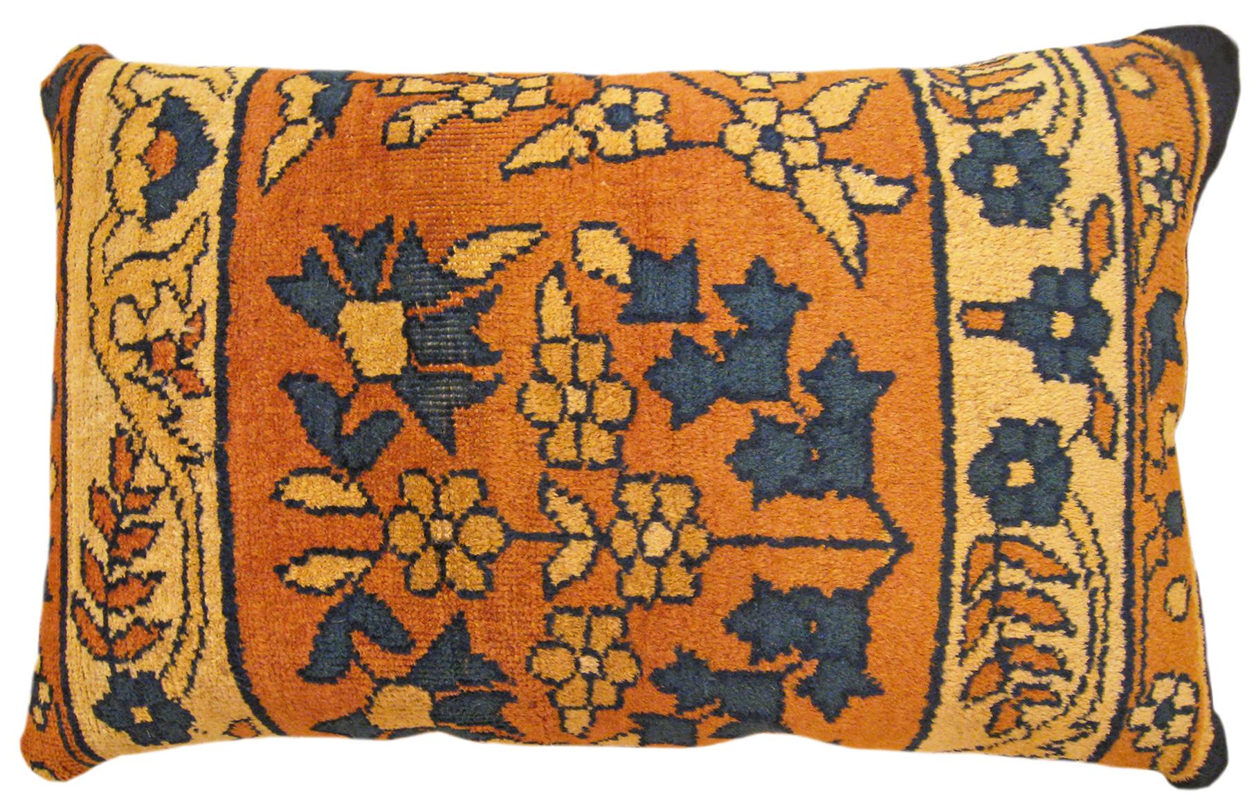Wool Pair of Decorative Antique Indian Agra Rug Pillows with Floral Elements For Sale