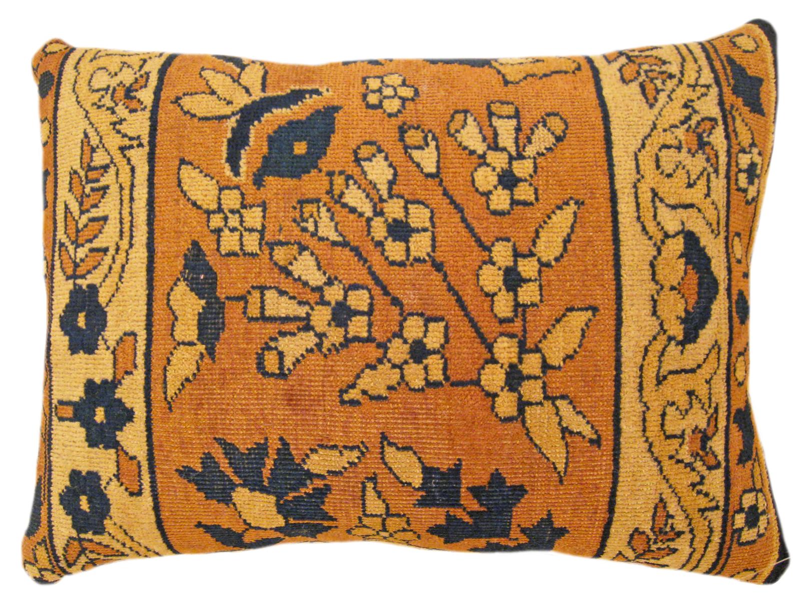 Pair of Decorative Antique Indian Agra Rug Pillows with Floral Elements For Sale 2