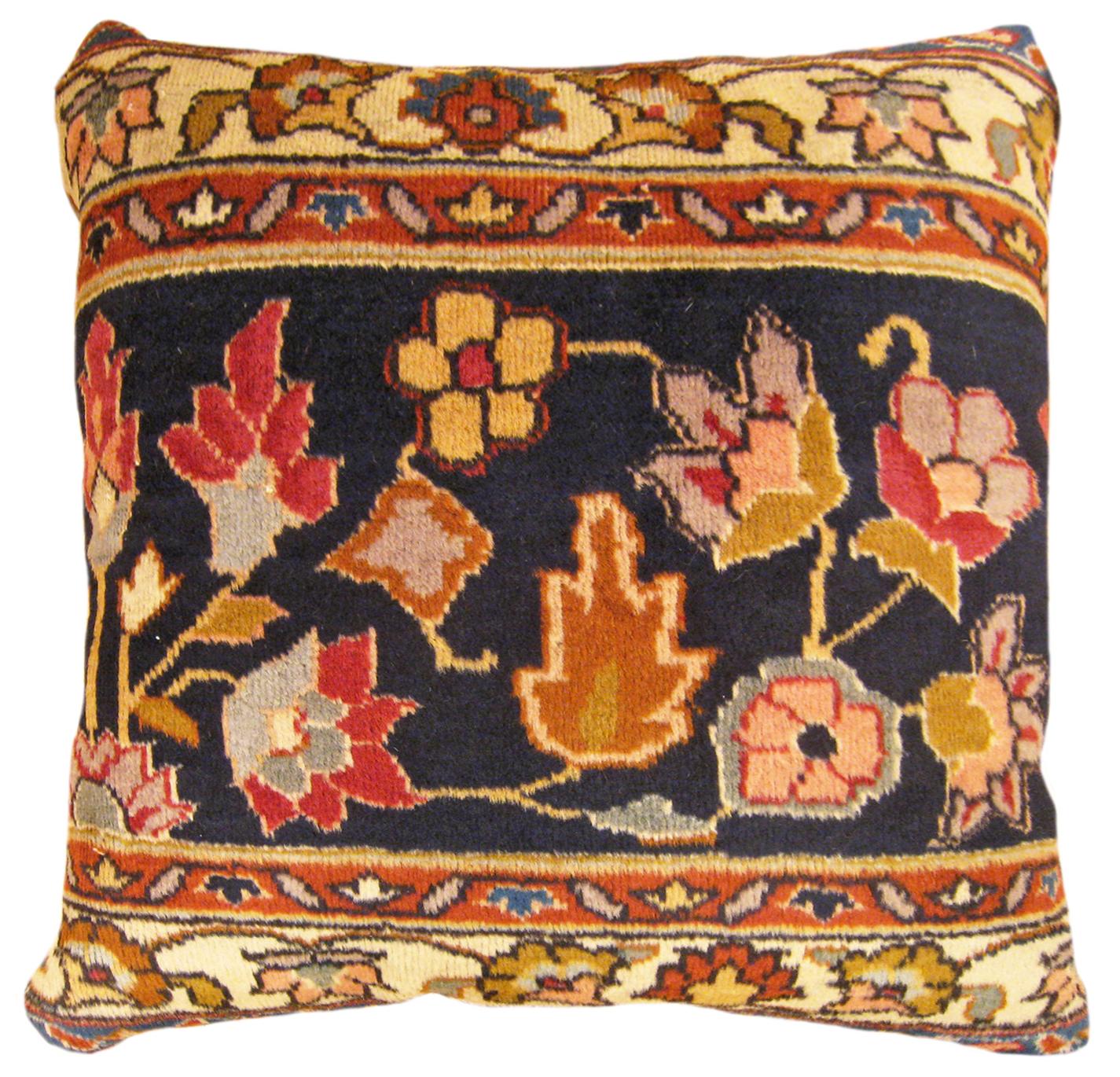 Pair of Decorative Antique Indian Agra Rug Pillows with Floral Elements For Sale 3