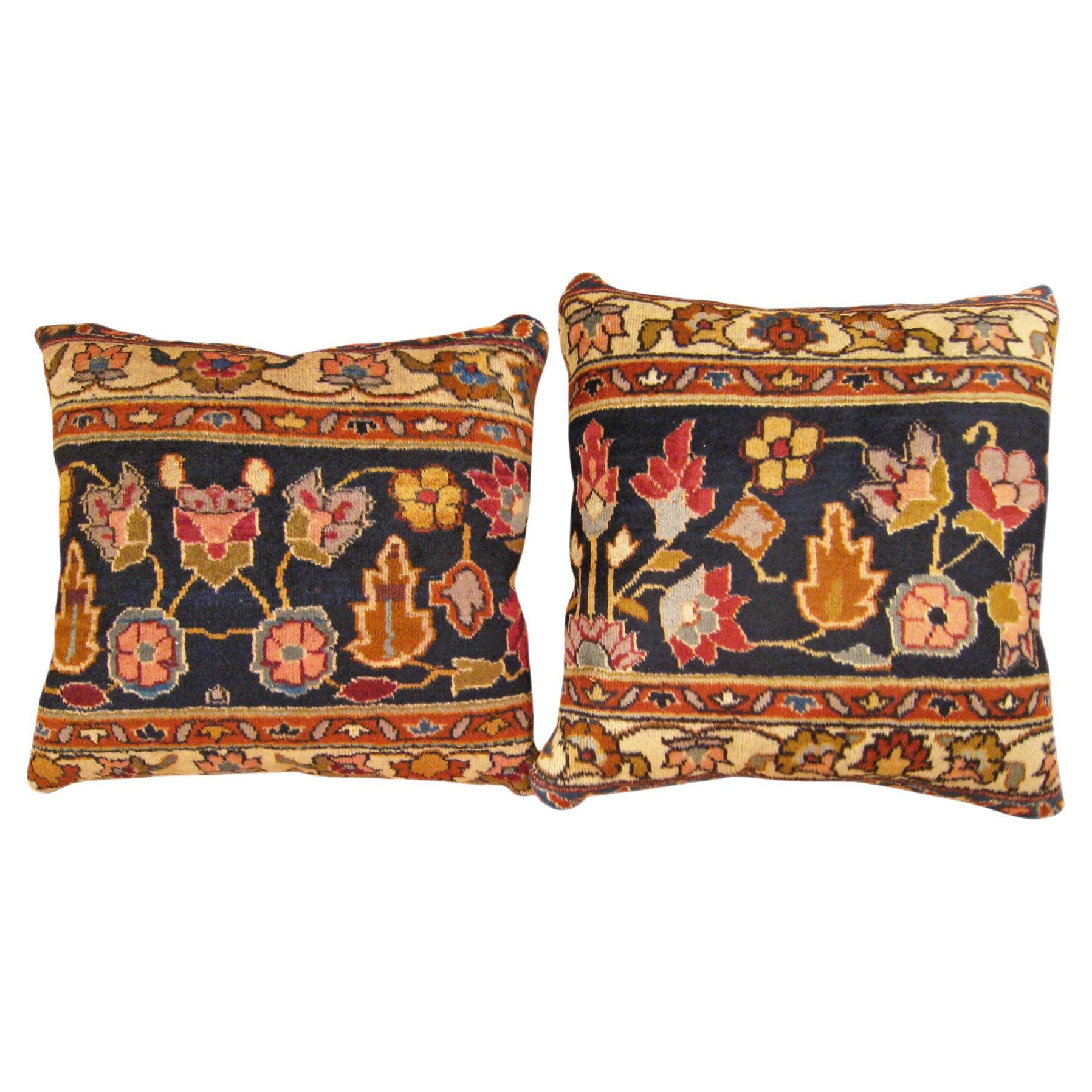 Pair of Decorative Antique Indian Agra Rug Pillows with Floral Elements