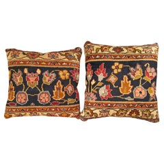 Pair of Decorative Antique Indian Agra Rug Pillows with Floral Elements