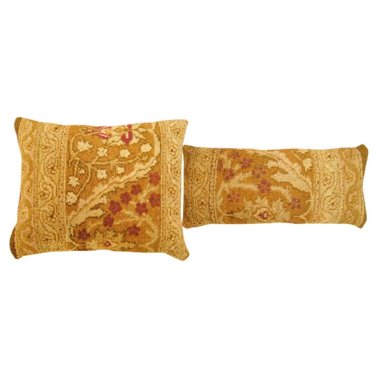 Pair of Decorative Antique Indian Agra Rug Pillows with Floral Elements