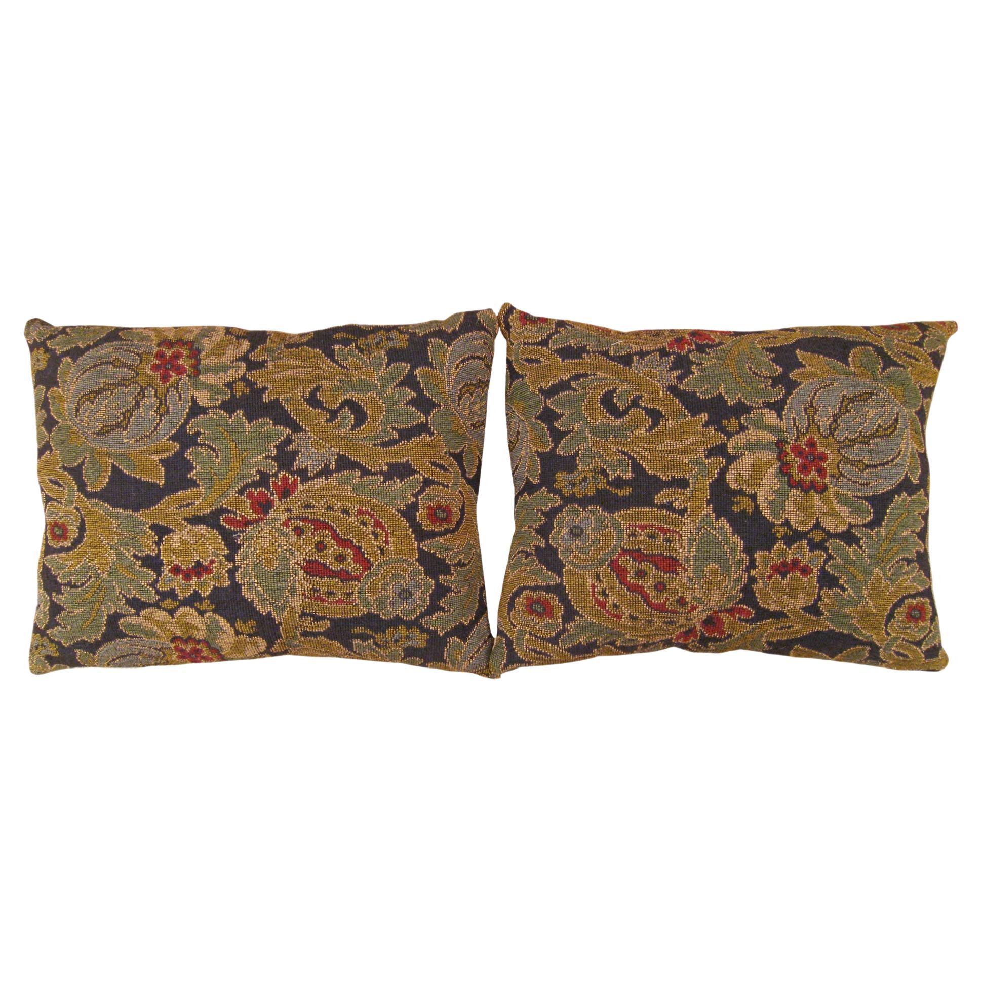 Pair of Decorative Antique Jacquard Tapestry Pillows with Floral Elements For Sale