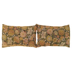 Pair of Decorative Antique Jacquard Tapestry Pillows with Floral Elements