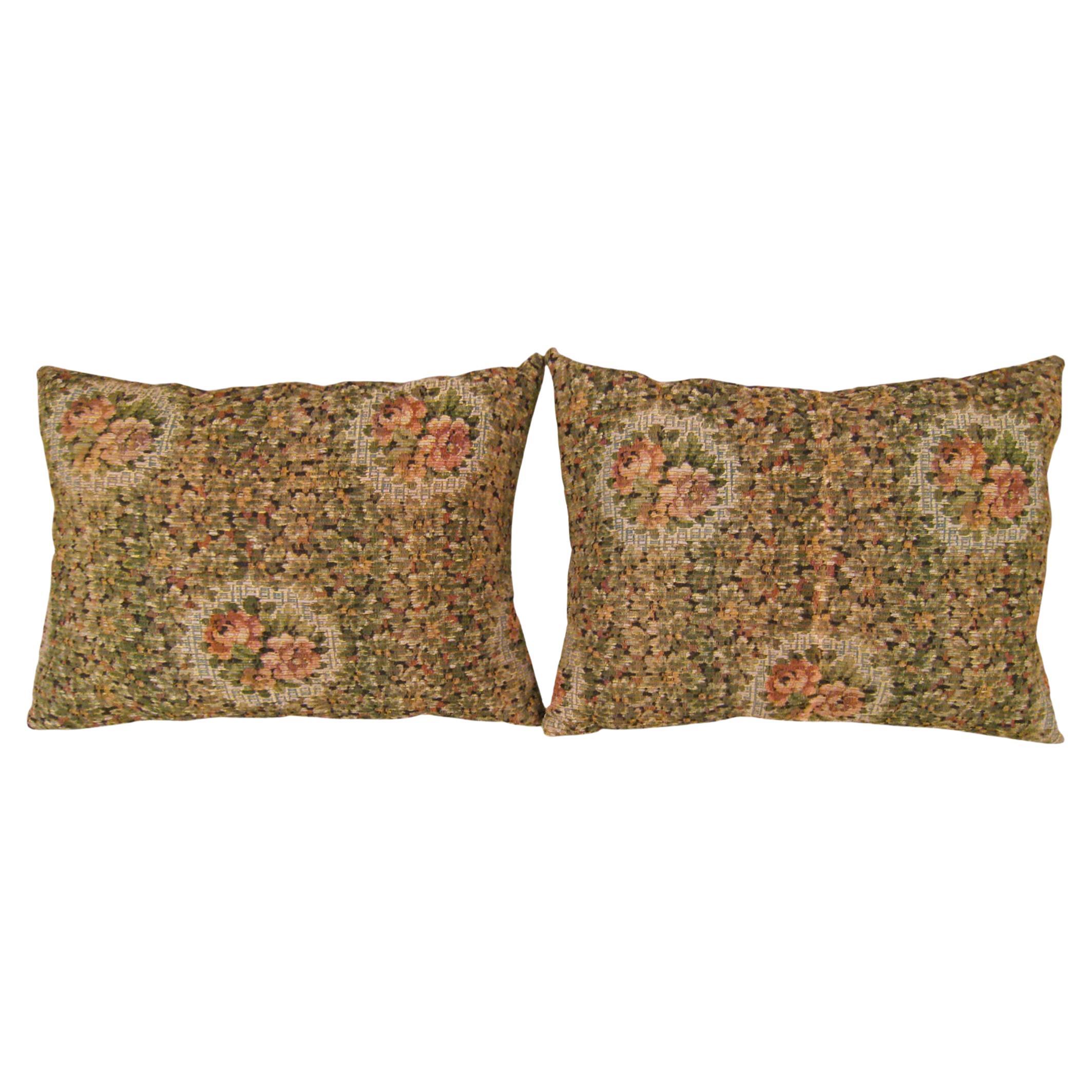 Pair of Decorative Antique Jacquard Tapestry Pillows with Floral Elments For Sale