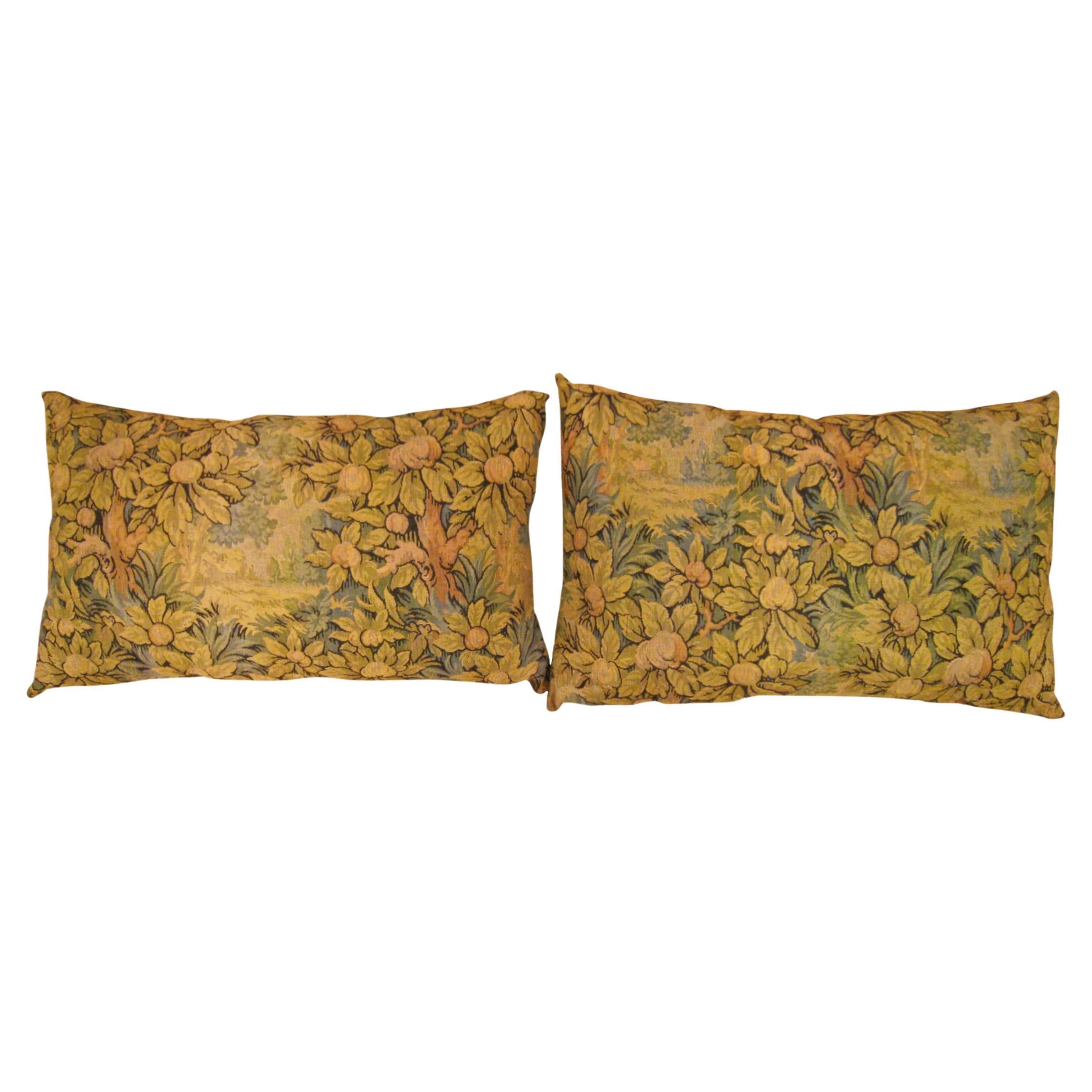 Pair of Decorative Antique Jacquard Tapestry Pillows with Trees Allover