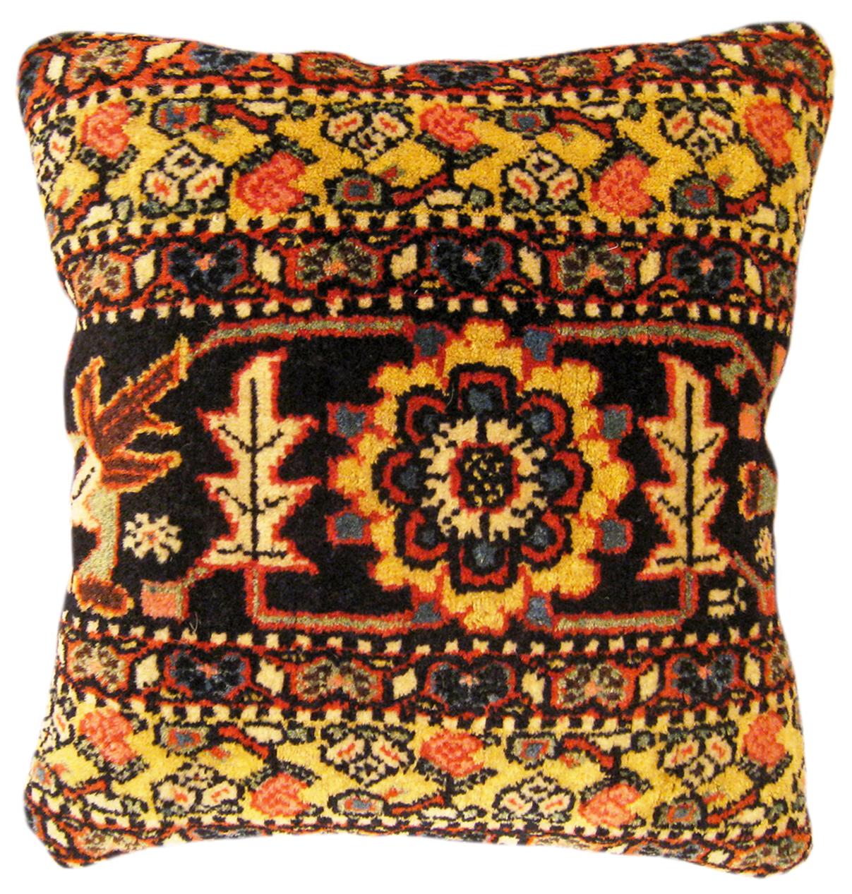 Pair of Decorative Antique Persian Bidjar Carpet Pillows with Floral Elements For Sale 2