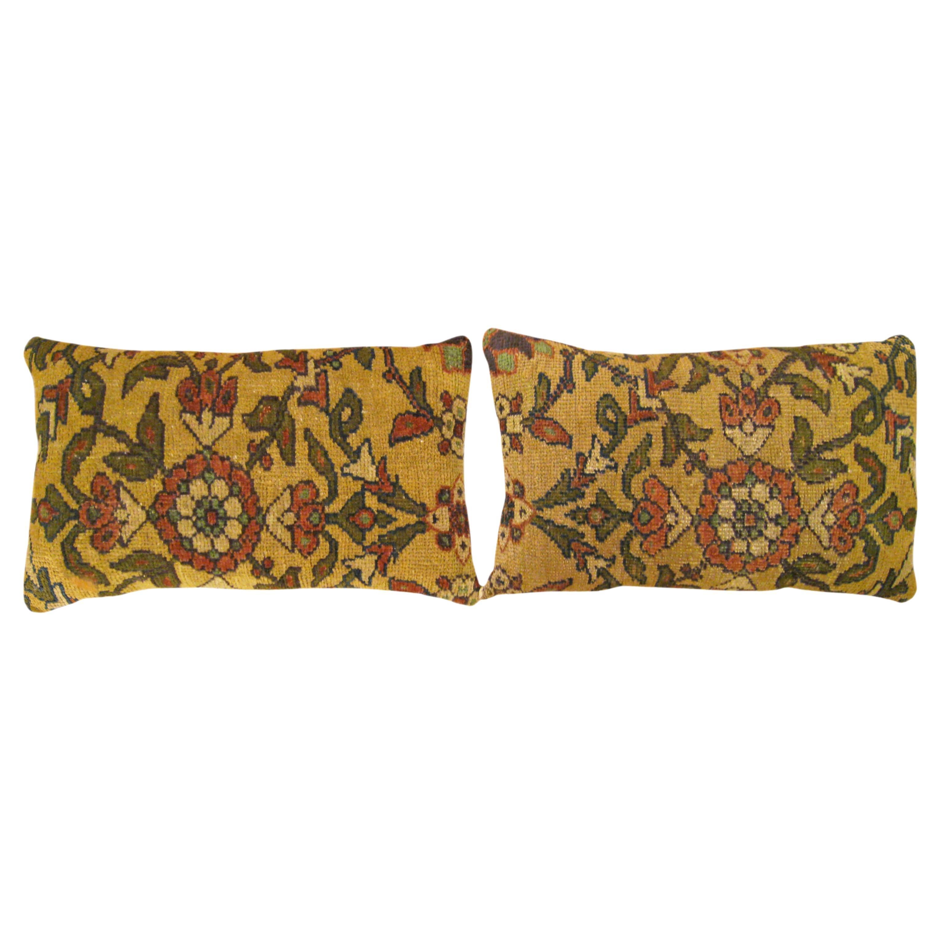 Pair of Decorative Antique Persian Sultanabad Carpet Pillows with Floral For Sale